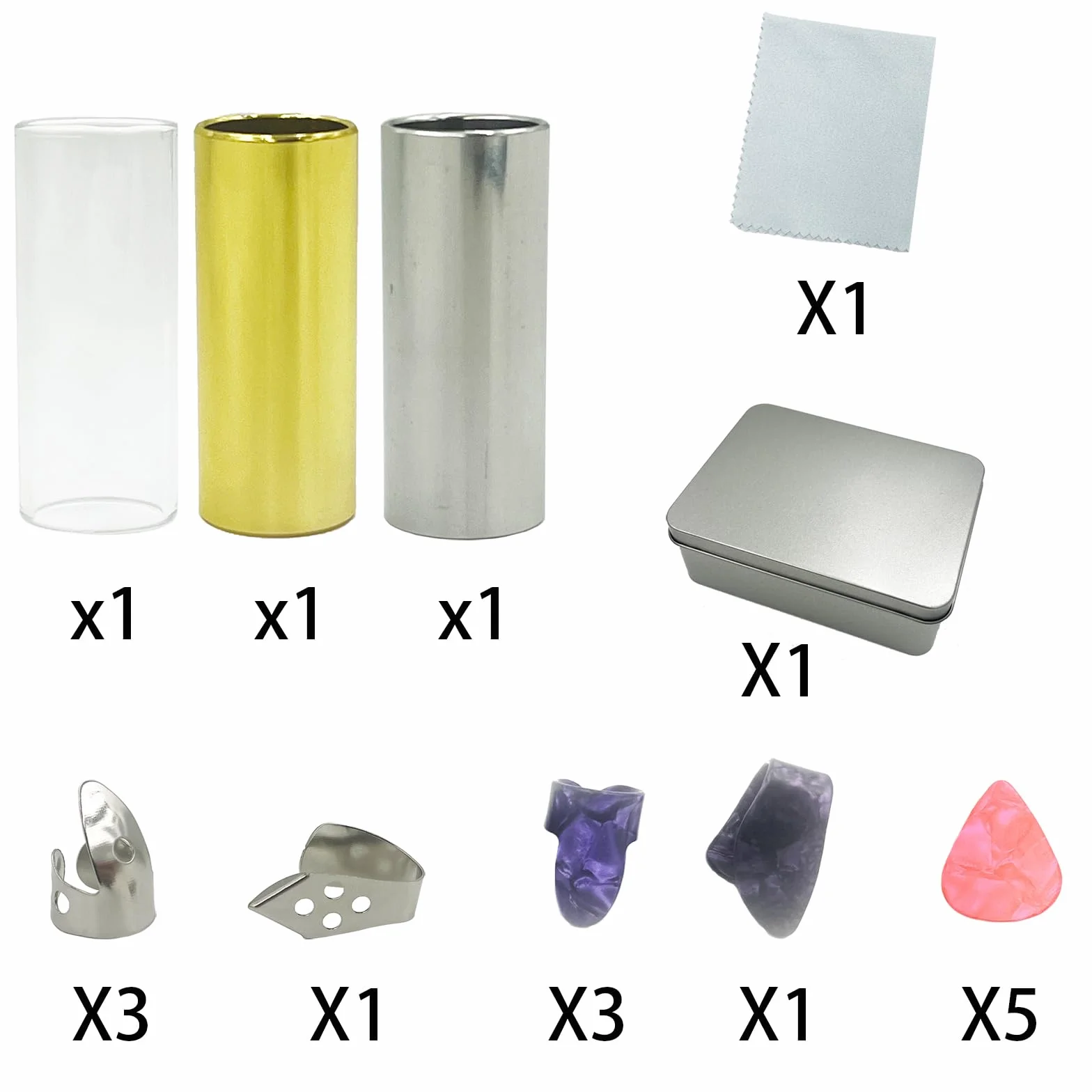 zjeżdżalnia gitarowa,slajd gitarowy,3 sztuki slajdów gitarowych (2 metalowe i 1 szklane), 4 sztuki ze stali nierdzewnej i 4 sztuki plastikowych wykałaczek na palce,5 sztuk kostek gitarowych