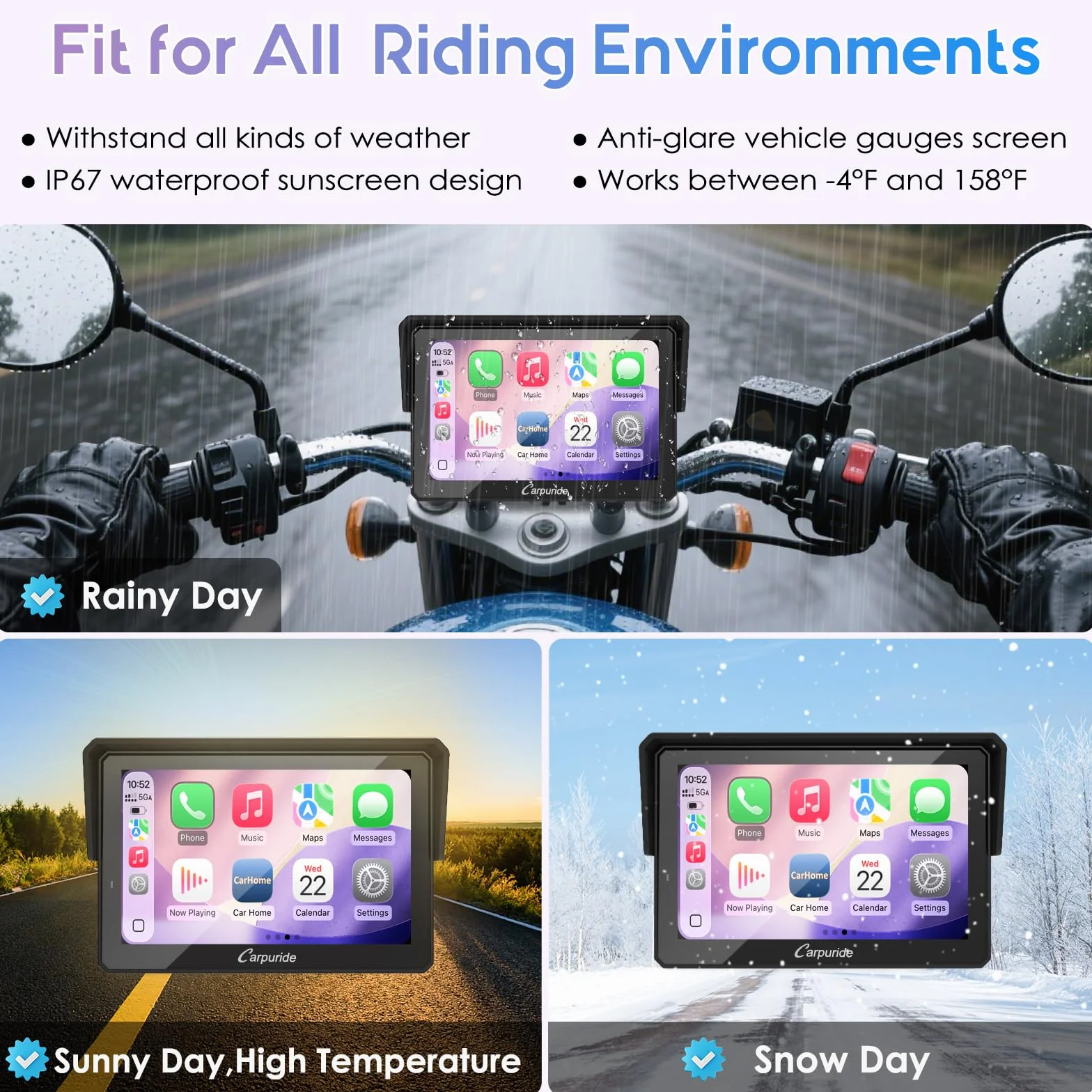 Carpuride W502TPRO do motocykli z CarPlay i Android Auto, TPMS i podwójnym Bluetooth – 5-calowy wodoodporny ekran nawigacji GPS do motocykli, interkom, korektor, czujnik światła, kompas, barometr