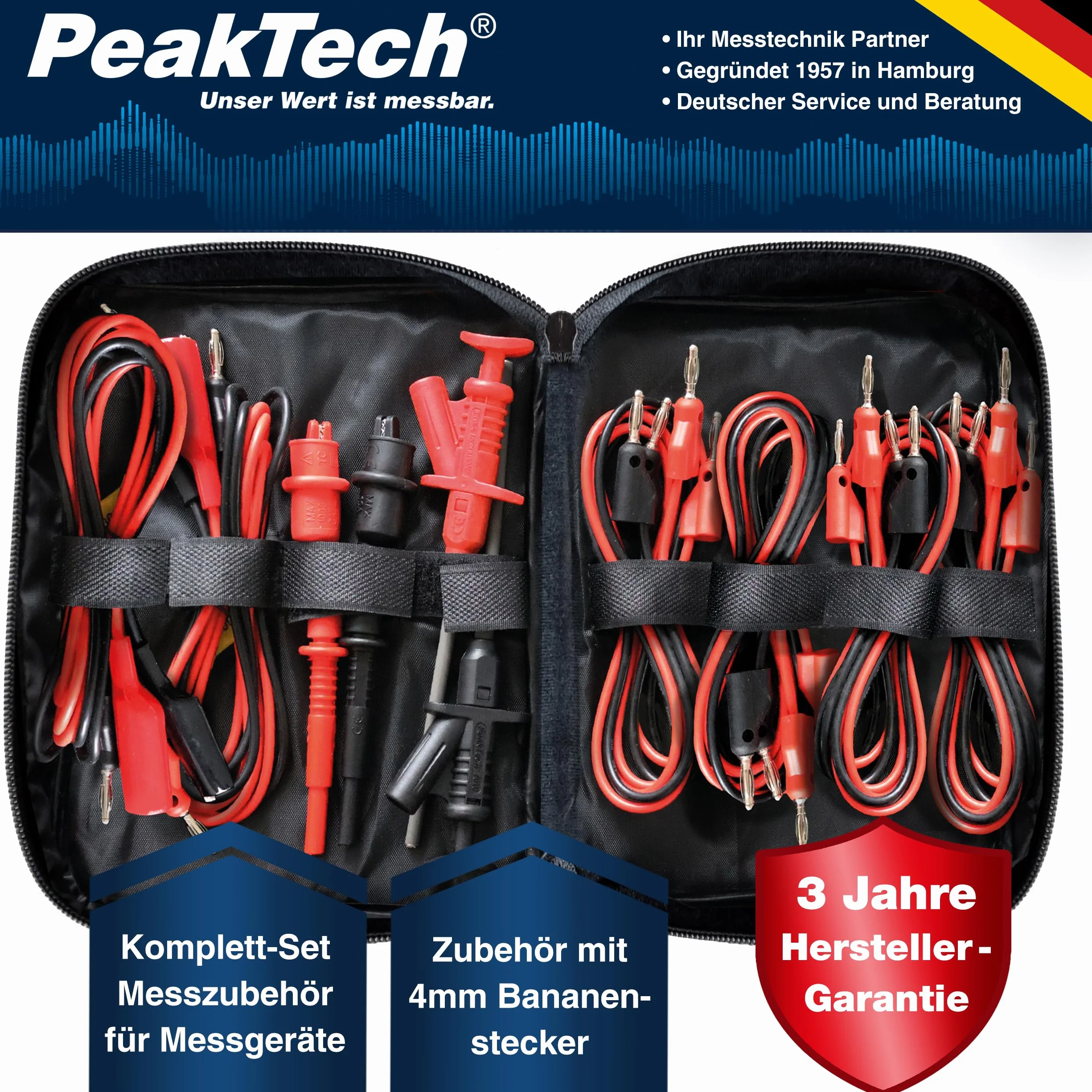 PeakTech 8201 – zestaw akcesoriów pomiarowych do zasilacza laboratoryjnego i multimetru, końcówki pomiarowe, zaciski elektryczne, przewody laboratoryjne z wtyczką bananową 4 mm, zaciski krokodylkowe z