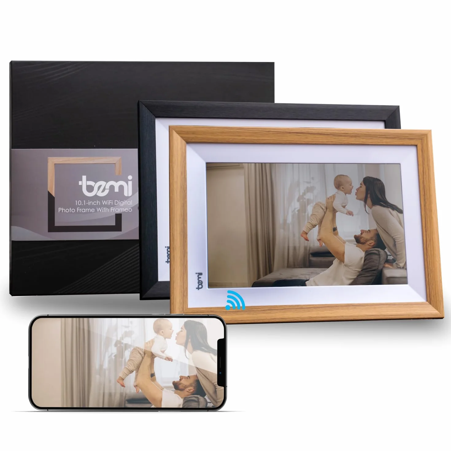 Ramka na zdjęcia WiFi bemi z aplikacją Frameo biała cyfrowa ramka na zdjęcia + 2 ramki w zestawie czytnik kart pamięci 25.7 cm, ekran dotykowy, wbudowany głośnik