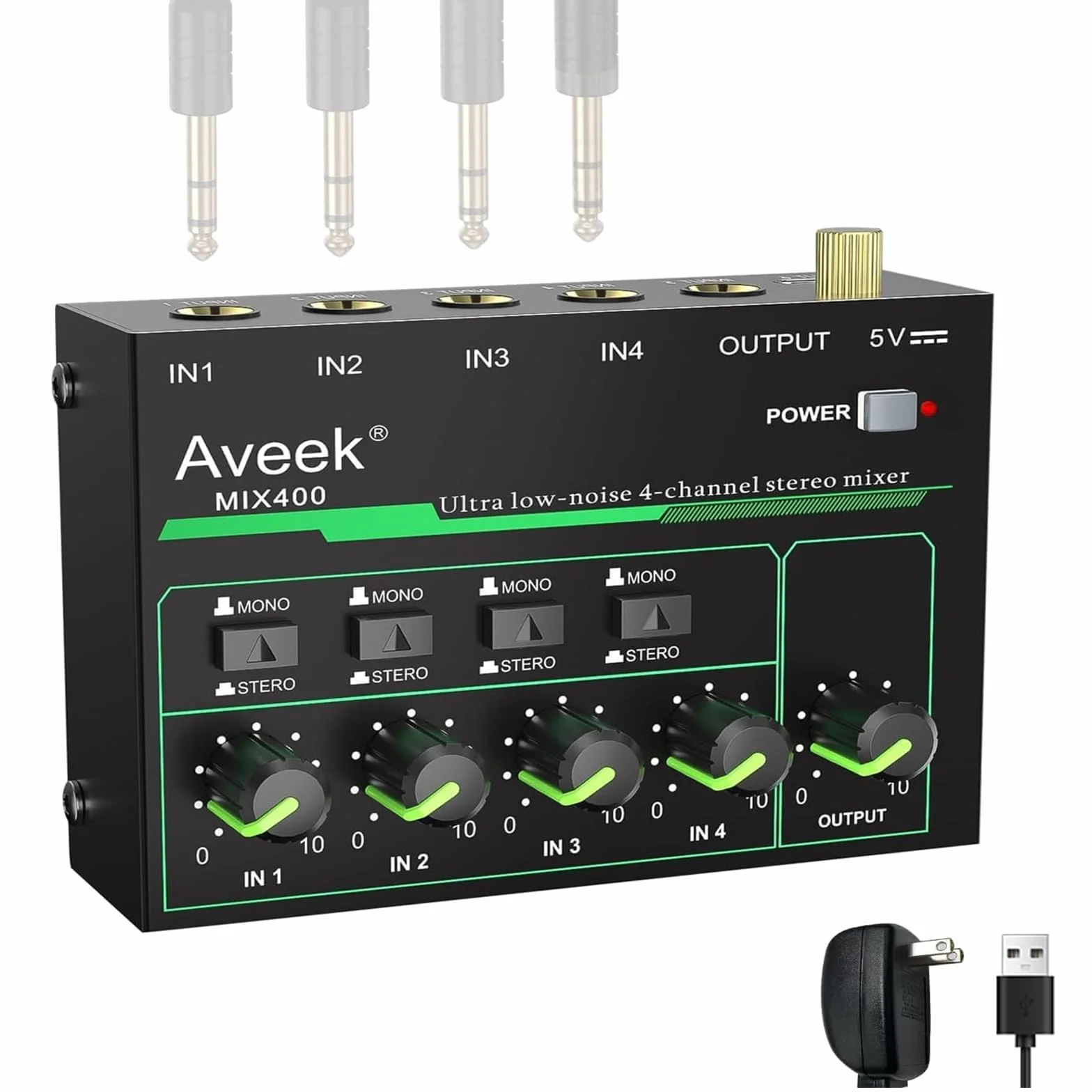 Aveek Mikser 4-kanałowy – mini 4-kanałowy mikser audio stereo, niski poziom hałasu dla precyzyjnego podmieszania, wejście/wyjście TRS 1/10.2 cm idealny do mikrofonów/gitar/basów/scen