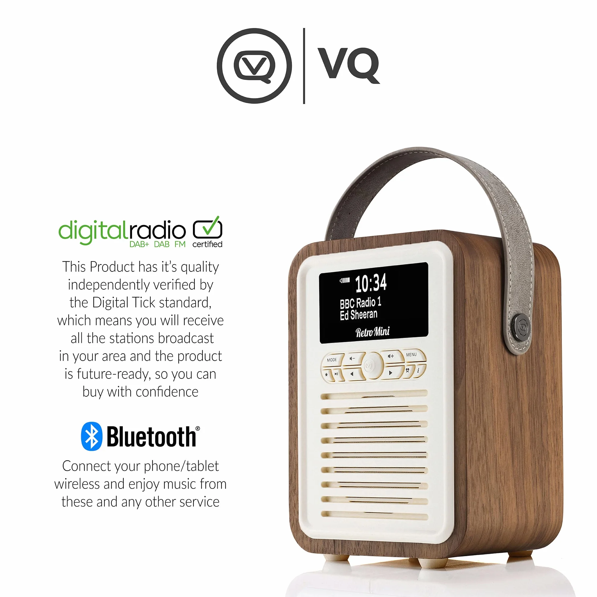 VQ Retro Mini DAB Plus/DAB Radio z Bluetooth, FM i Funkcją Budzika - Zasilane z Sieci i Baterii Przenośne Radio z Anteną, Gniazdkiem Słuchawkowym i Portem USB do Ładowania - Orzech