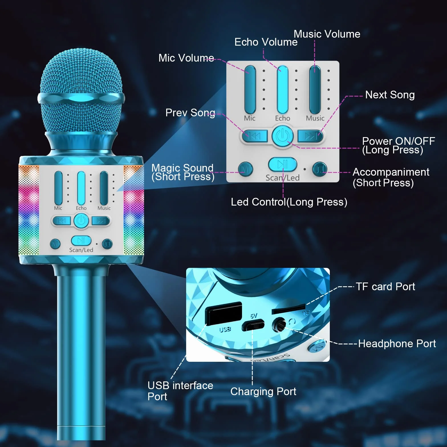 Mikrofon do karaoke dla dzieci, bezprzewodowy mikrofon Bluetooth z LED, prezent dla dziewczynek w wieku 3-12 lat, przenośna maszyna do karaoke do śpiewania, zabawka mikrofonowa dla dzieci, na