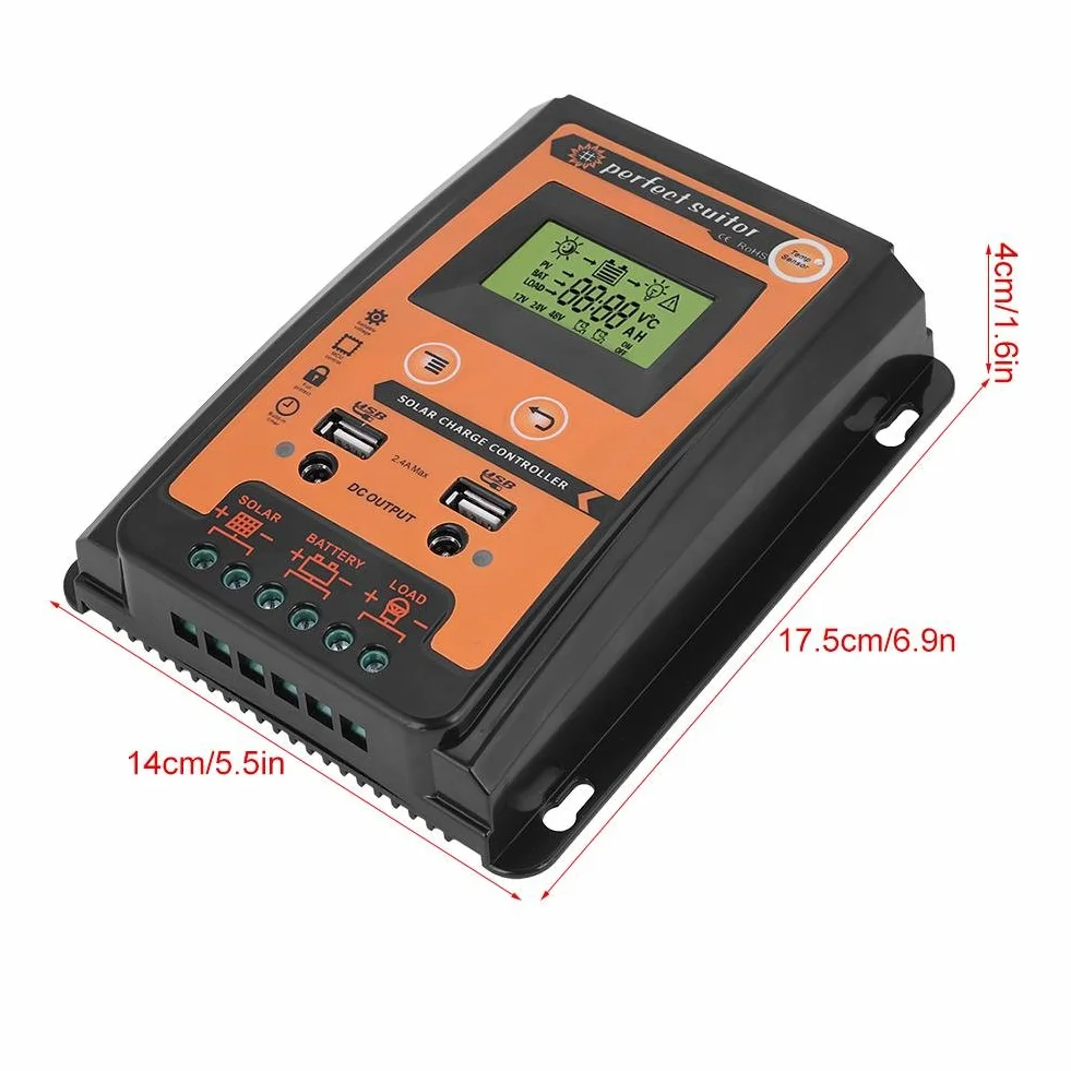 Solar Charge Controller, 12V/24V Solar Charge Controller MPPT 30A50A Solar Battery Panel Controller Podwójny wyświetlacz LCD USB