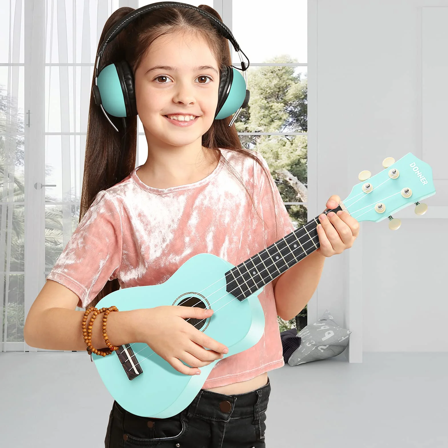 Donner Ukulele sopranowe dla początkujących dorosłych ukelele z paskiem online za darmo na lekcje pasek tunera, DMU-01 21 cali matowy pakiet ukalee zestaw Macaron Series-Miętowy zielony