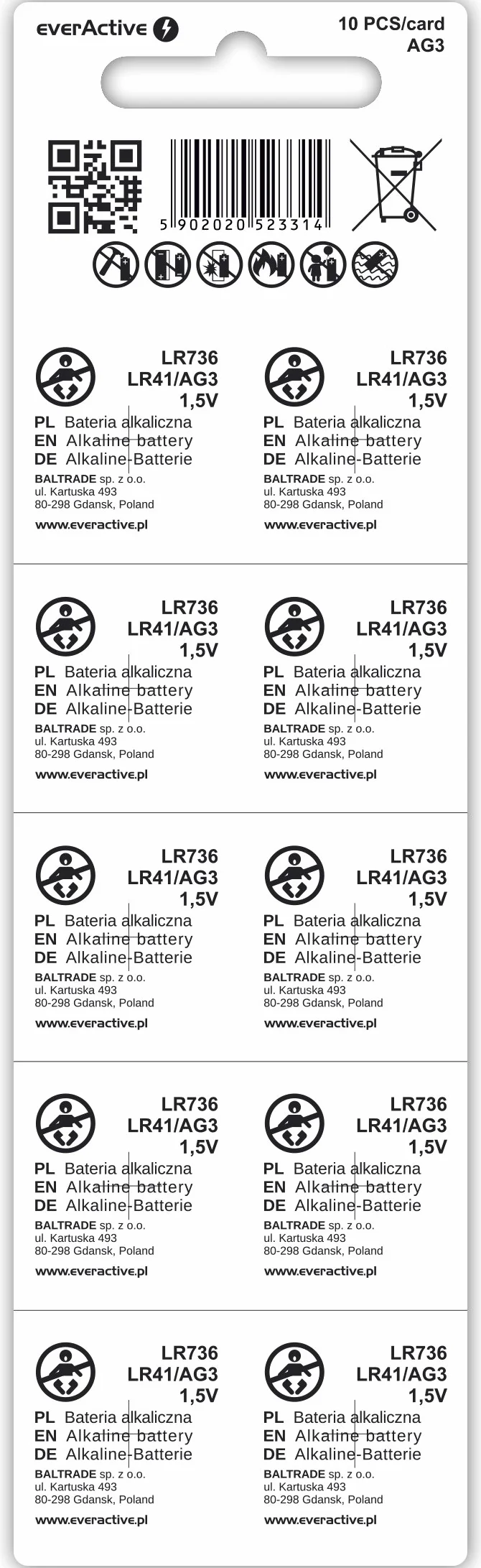 everActive AG3 1,5 V, 10 x baterie alkaliczne, Mini, G3 LR736 LR41, trwałość 5 lat, 10 sztuk – 1 blister, srebrny, EVAG3