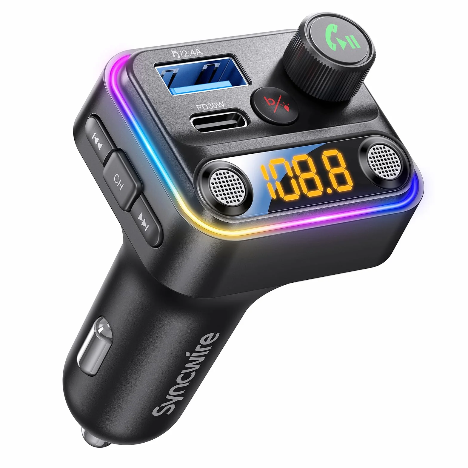 Syncwire Samochodowy adapter Bluetooth, 5,4 FM transmiter samochodowy Bluetooth, podwójny mikrofon, 42 W PD i QC 3.0, szybkie ładowanie, ładowarka samochodowa, bezprzewodowy zestaw głośnomówiący,