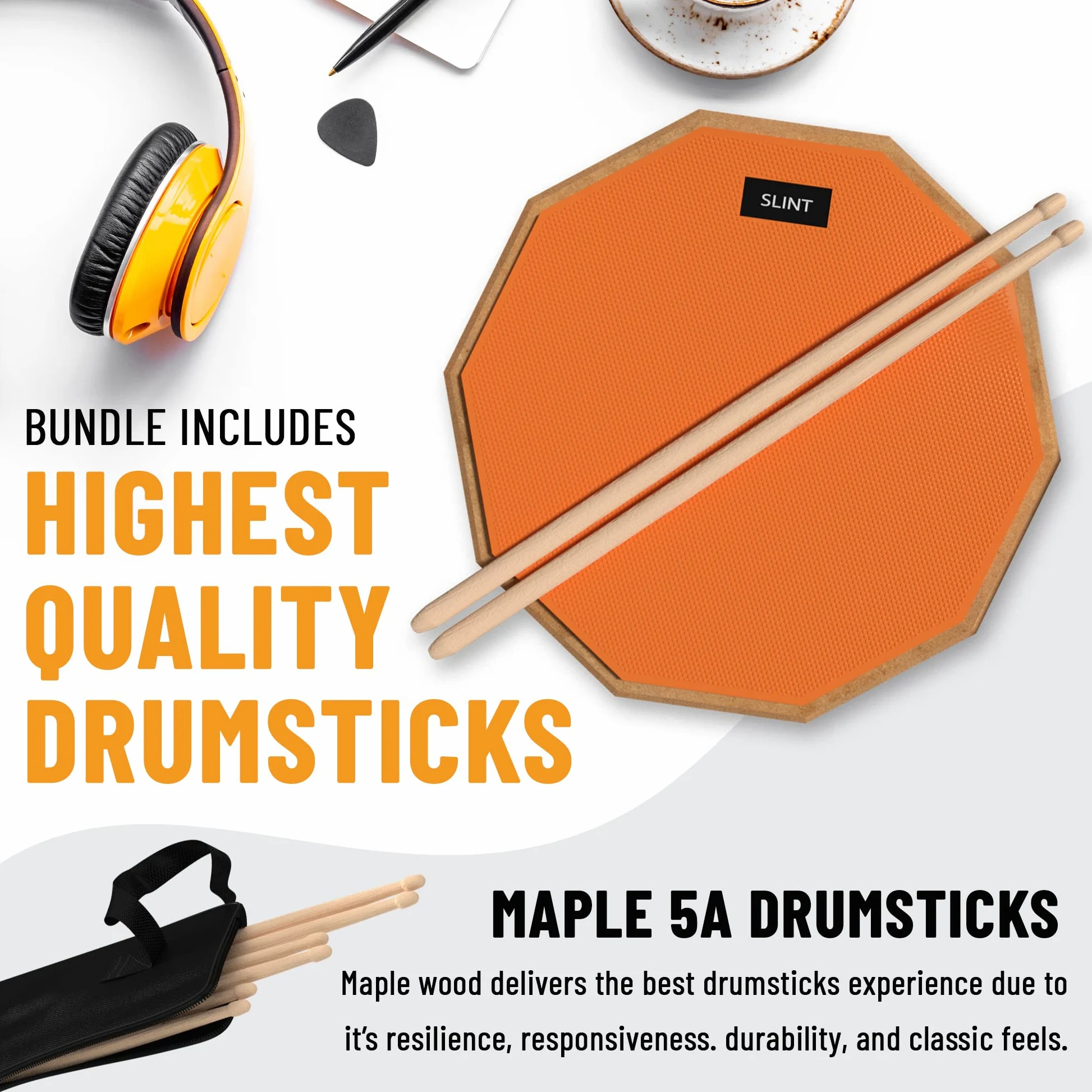 Slint Übungs Drum Pad Snare Drum Stand & Schlagzeug Sticks - Doppelseitiges 30 cm Drum Pad Set & 10 cm Snare Drum - Leises Drumpad Set, Drumpad Ständer & Drumsticks - Schlagzeug Erwachsene & Kinder