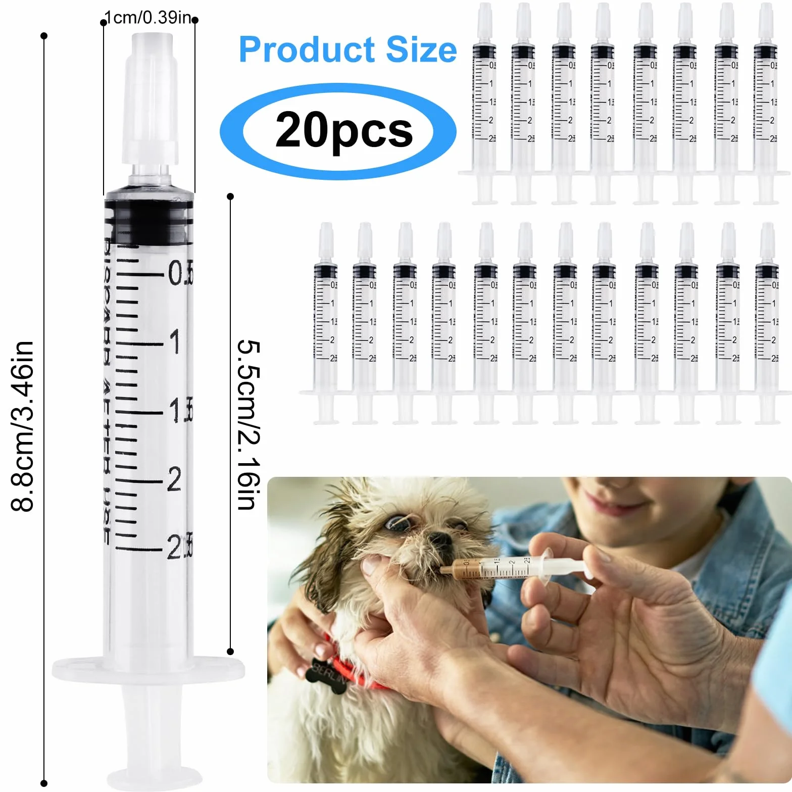 Strzykawki 2,5 ml, 20 sztuk jednorazowe bez igły, plastikowa strzykawka z kołnierzem, strzykawka do pobrania kolostrum, strzykawka dozująca do karmienia małych zwierząt, laboratoria naukowe