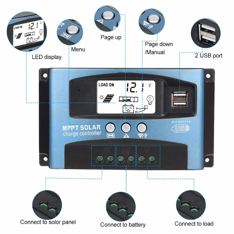 Kontroler ładowania Fydun MPPT, płytka PCB, podwójny kontroler USB do panelu słonecznego 12 V / 24 V, wyświetlacz LCD, automatyczny kontroler akumulatora 40/50/60 / 100A