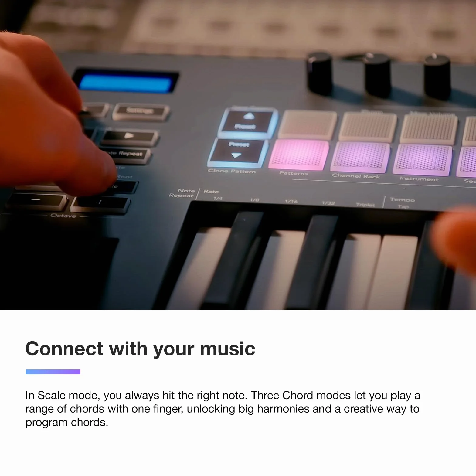 Novation FLkey 61, kontroler klawiatury MIDI — płynna integracja FL Studio z trybem akordów i skalowania. Kompleksowe oprogramowanie do produkcji muzyki