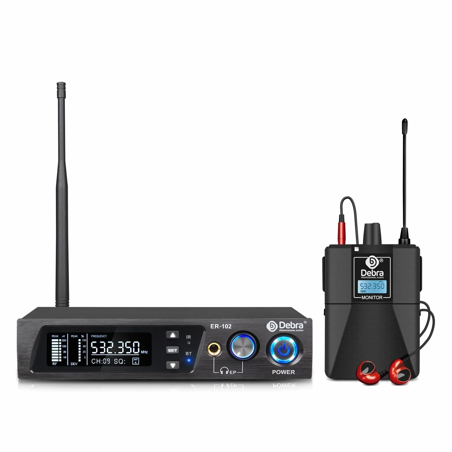 D Debra Audio PRO ER-102 UHF jednokanałowy bezprzewodowy system monitorowania dousznego z nadajnikiem i odbiornikiem do sceny, studia nagraniowego, muzyków, monitoringu (1 pakiet karoserii z