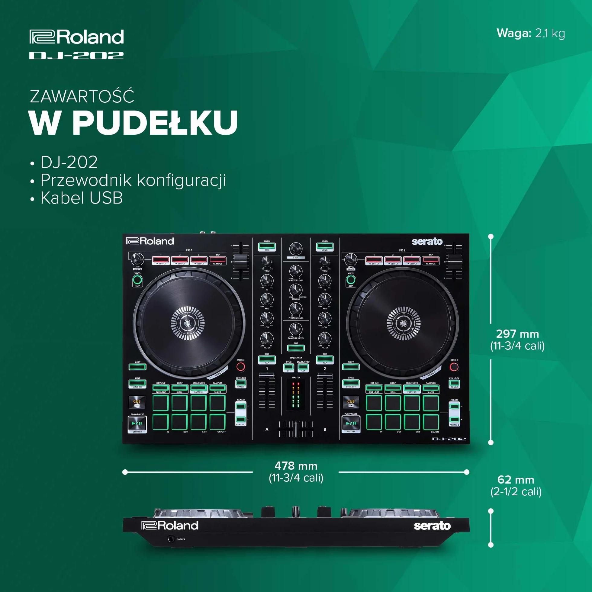 Roland DJ-202 Kompaktowy Kontroler DJ 2-Kanałowy 4-Seckowy do Serato DJ Lite Duże Talerze Niskie Opóźnienie