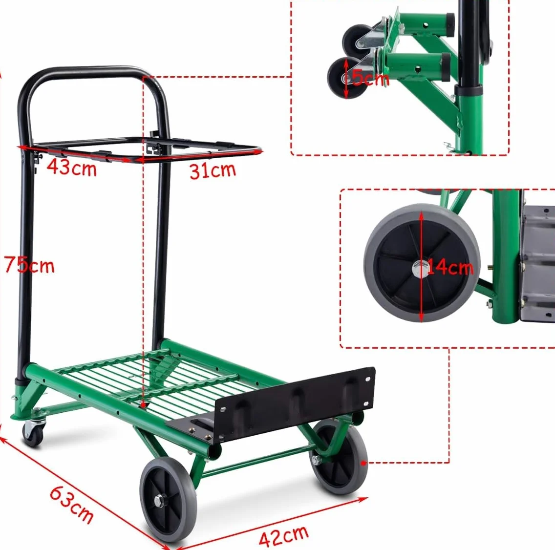 COSTWAY Wózek transportowy 2 w 1, składany, obciążenie do 90 kg, regulowana wysokość, stalowa rama, układający się w stos, wózek schodowy