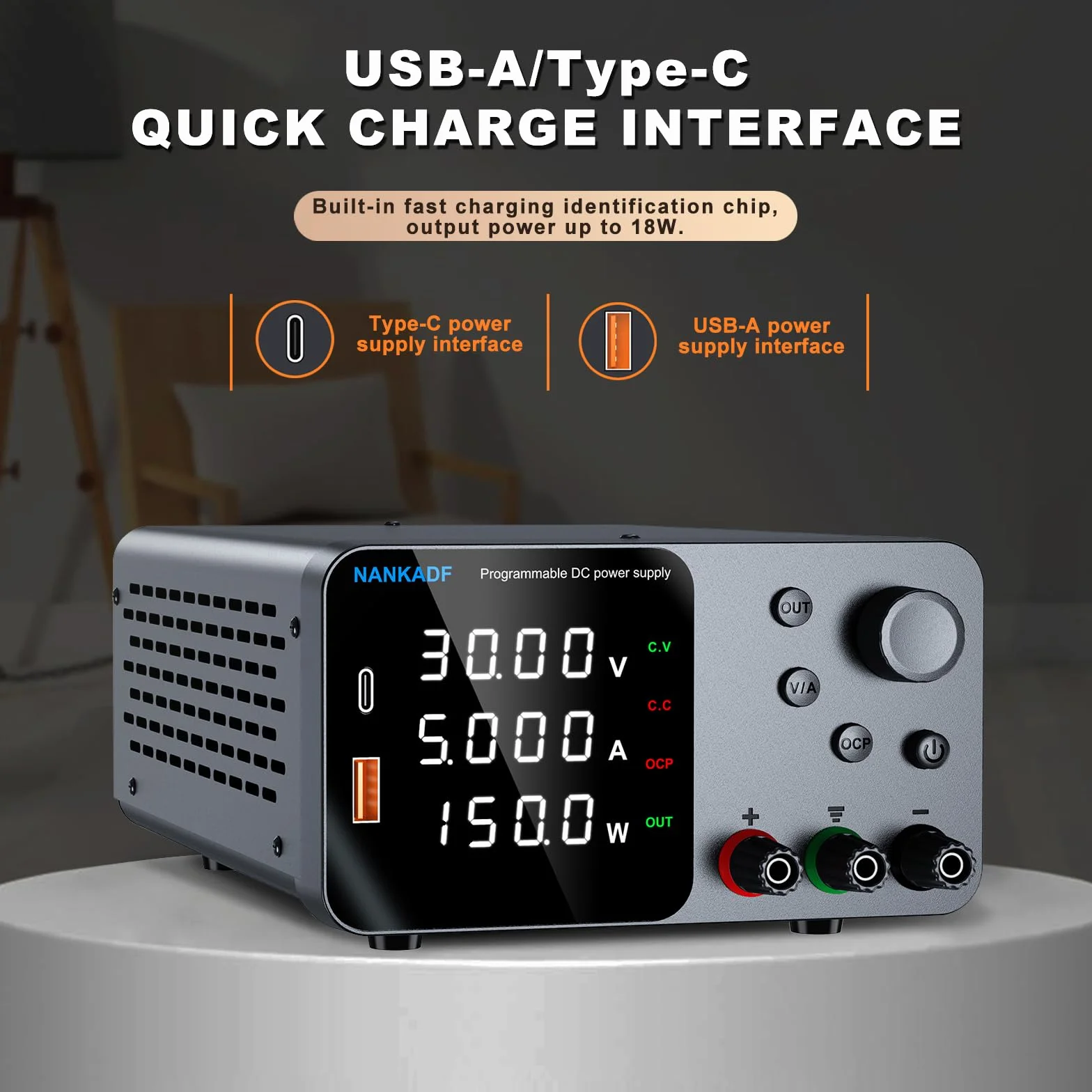 Zasilacz prądu stałego regulowany 30 V 5 A, zasilacz laboratoryjny z pokrętłem enkodera i interfejsem szybkiego ładowania USB-A/typu C, 4-cyfrowy wyświetlacz LED o wysokiej precyzji, zasilacze