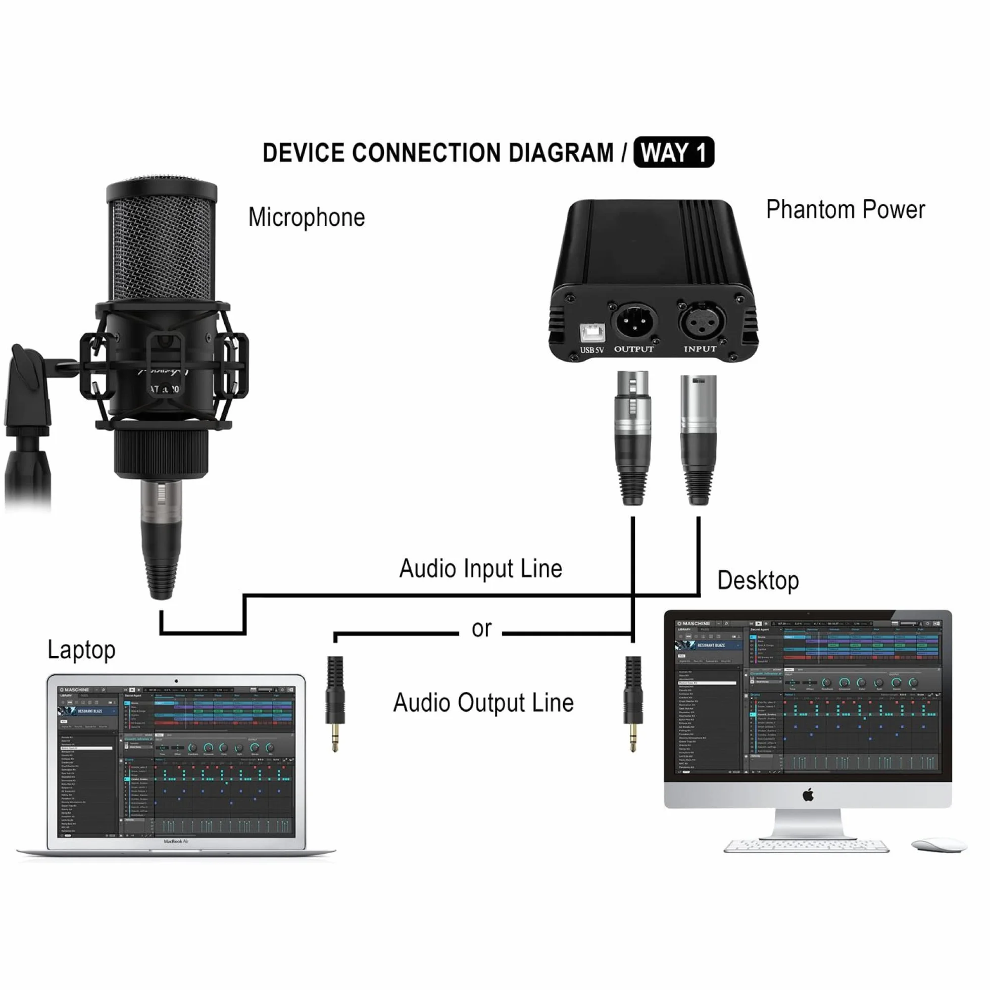 Audibax AT2020 - Mikrofon studyjny - w zestawie kabel XLR, uchwyt na stół i żyrandol, wiatrówka i walizka - Pasmo przenoszenia 50 Hz/20 KHz - Kardioidalny mikrofon z biegunowym wzorem