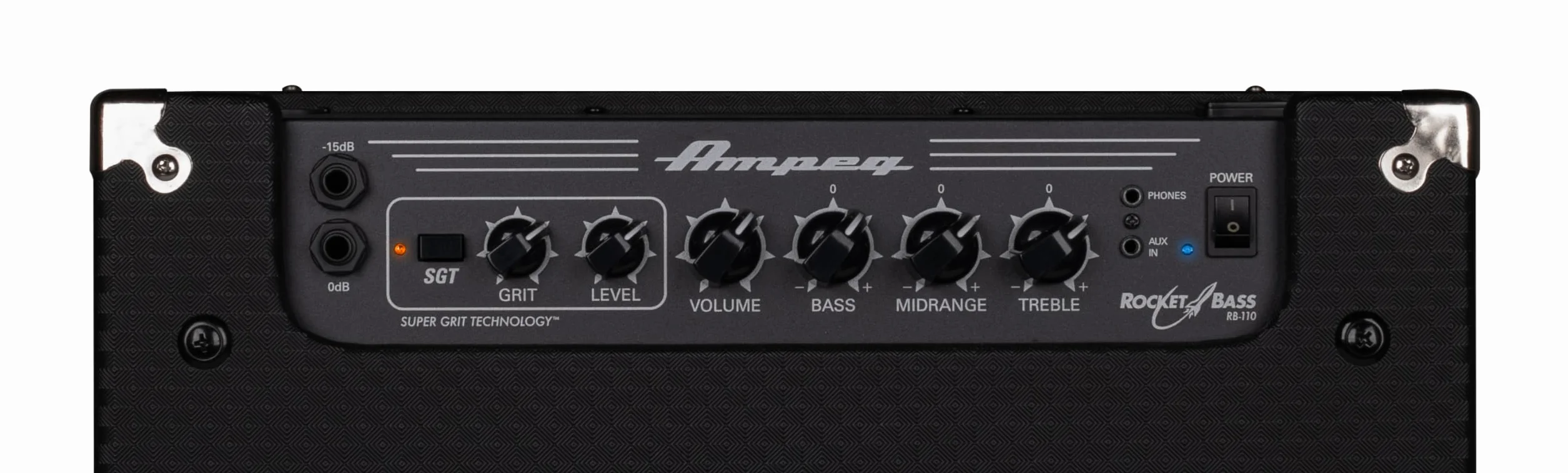 AMPEG RB-110 Wzmacniacz Combo do Gitary Basowej – 50W do Ćwiczeń z Preampem AMPEG Legacy, Overdrive SGT, EQ 3-Pasmowym, Wejściem AUX, Wyjściem Słuchawkowym, XLR Line Out i Głośnikiem 1x10" – Czarny