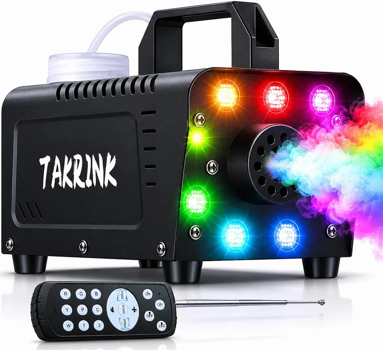 TAKRINK Maszyna do dymu,900 W z 8 diodami LED RGB, 16 kolorami i bezprzewodowym pilotem, na imprezy, wesela, dyskoteki, wesela, Halloween, Boże Narodzenie