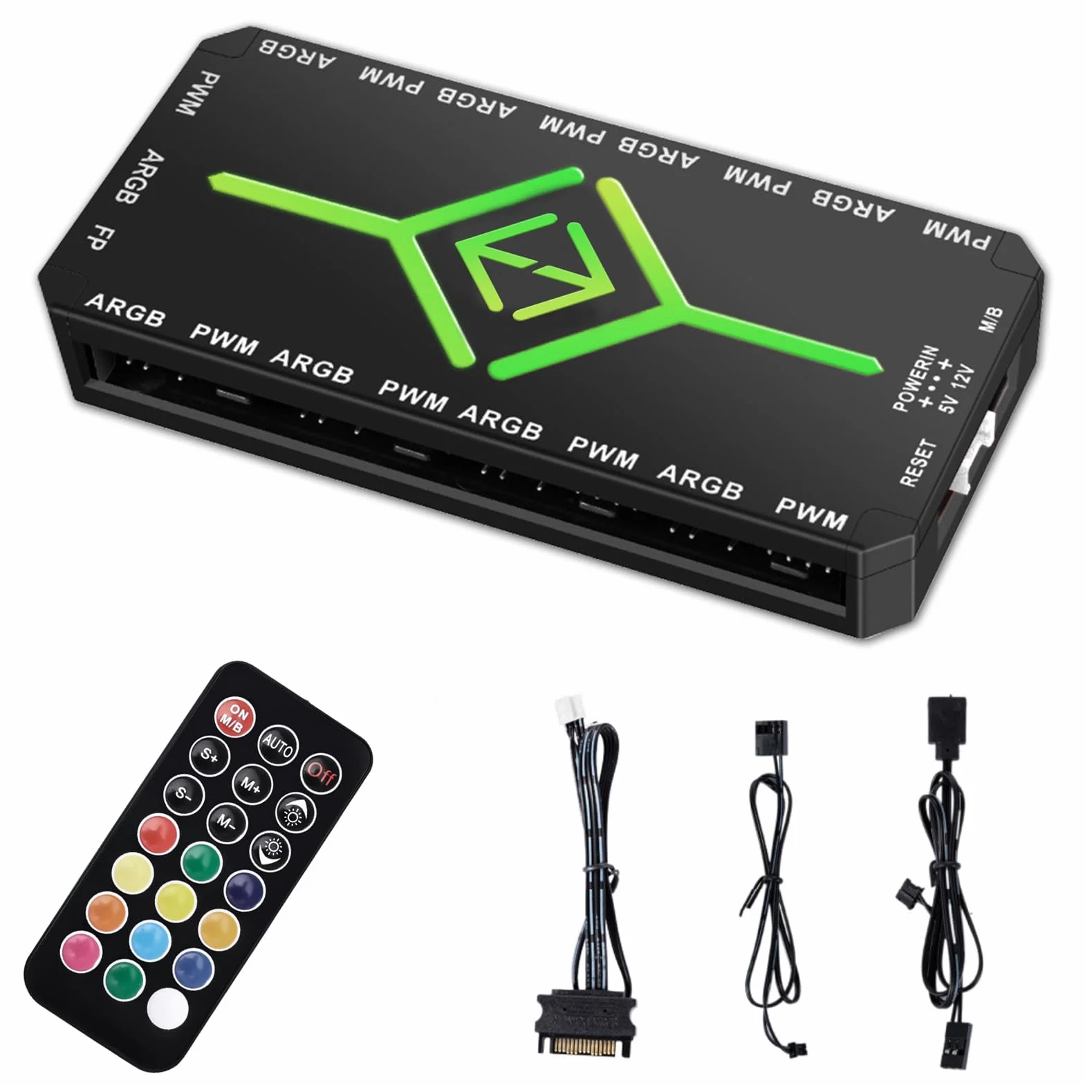 2-w-1 ARGB PWM Fan Hub z kontrolerem, 9 x 5 V 3-pinowe porty ARGB, 9 x 4-pinowe złącza wentylatora PWM, koncentrator RGB z portem SATA Power 18 i pilotem zdalnego sterowania i podstawą magnetyczną