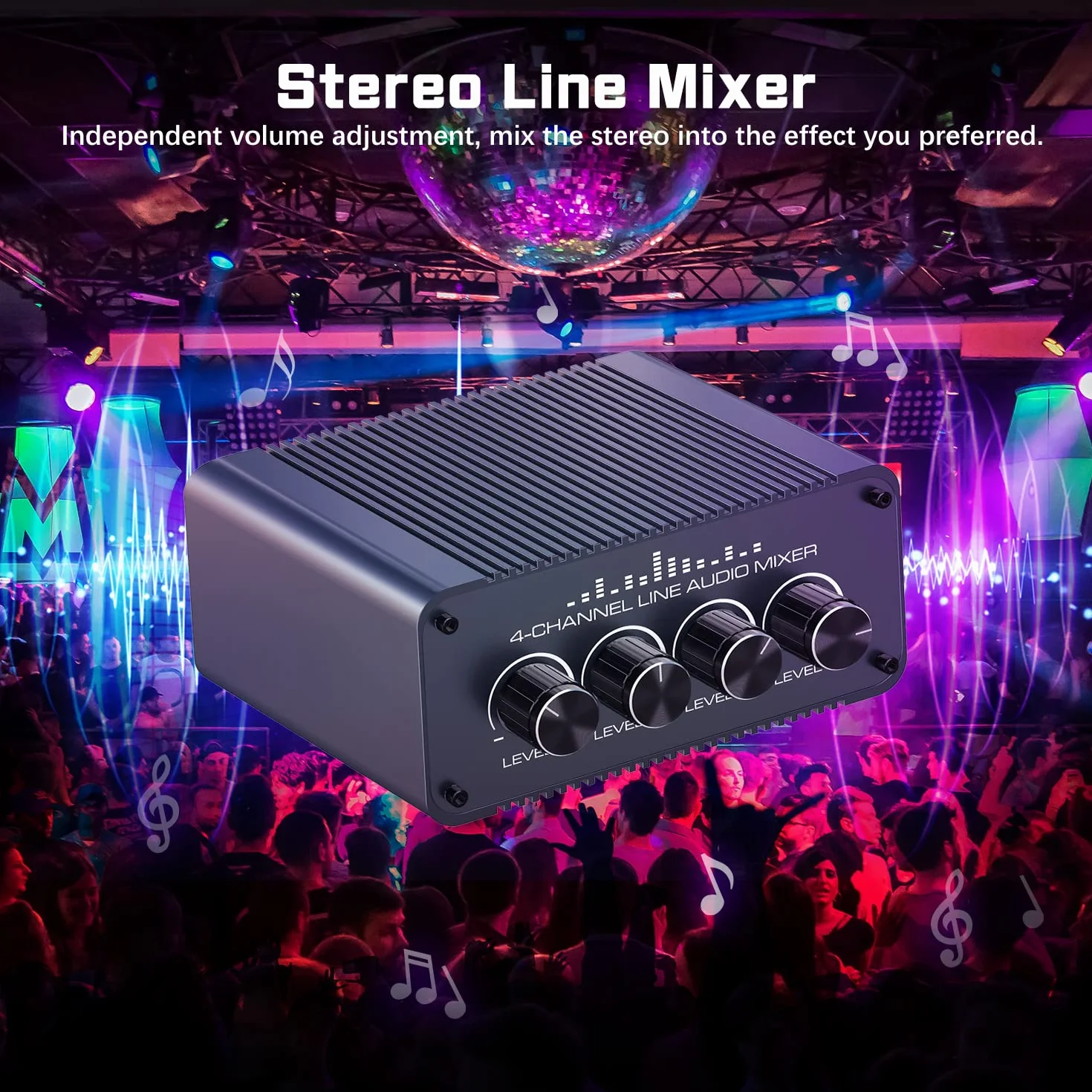 Tendak Mini Pasywny Stereo Mikser Audio 4 Kanałowy Cinch Mini-Mikser Stereo 4 wejścia 1 wyjście RCA L/R Mikser Audio z Oddzielnymi Regulatorami Głośności dla Mieszania Instrumentów, Komputera