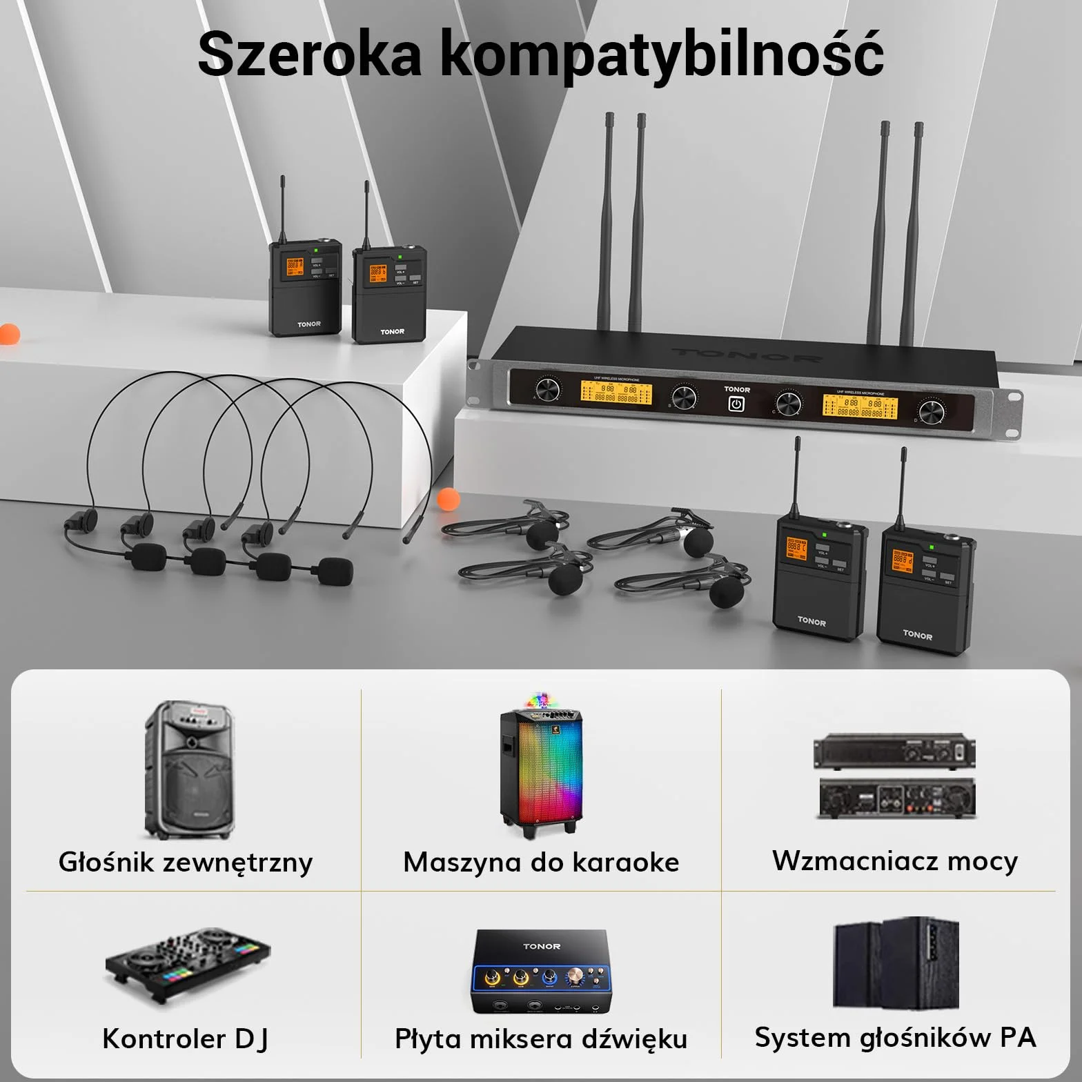 Bezprzewodowy system mikrofonowy TONOR UHF z podwójnymi mikrofonami nausznymi, nadajnikami Bodypack, odbiornikiem akumulatorowym, 4x5 kanałów, zasięg 90 m, do nagrywania mowy, głośników PA