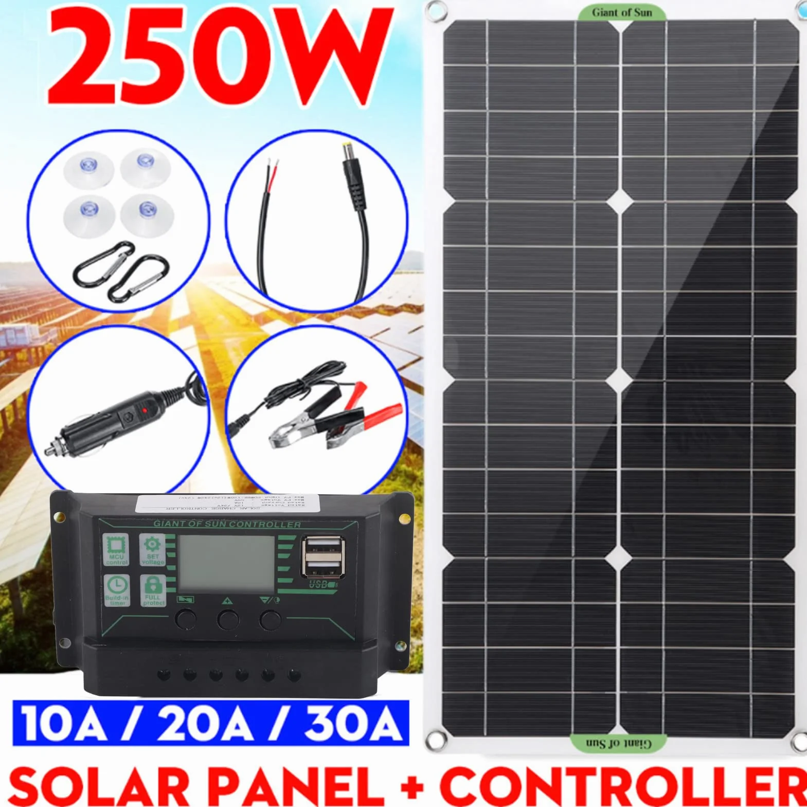 Zestaw paneli słonecznych zestaw startowy przenośnego panelu 250W 12V/24V z monokrystalicznym paneliem + kontroler ładowania 10A do samochodu, kempingowego, łodzi