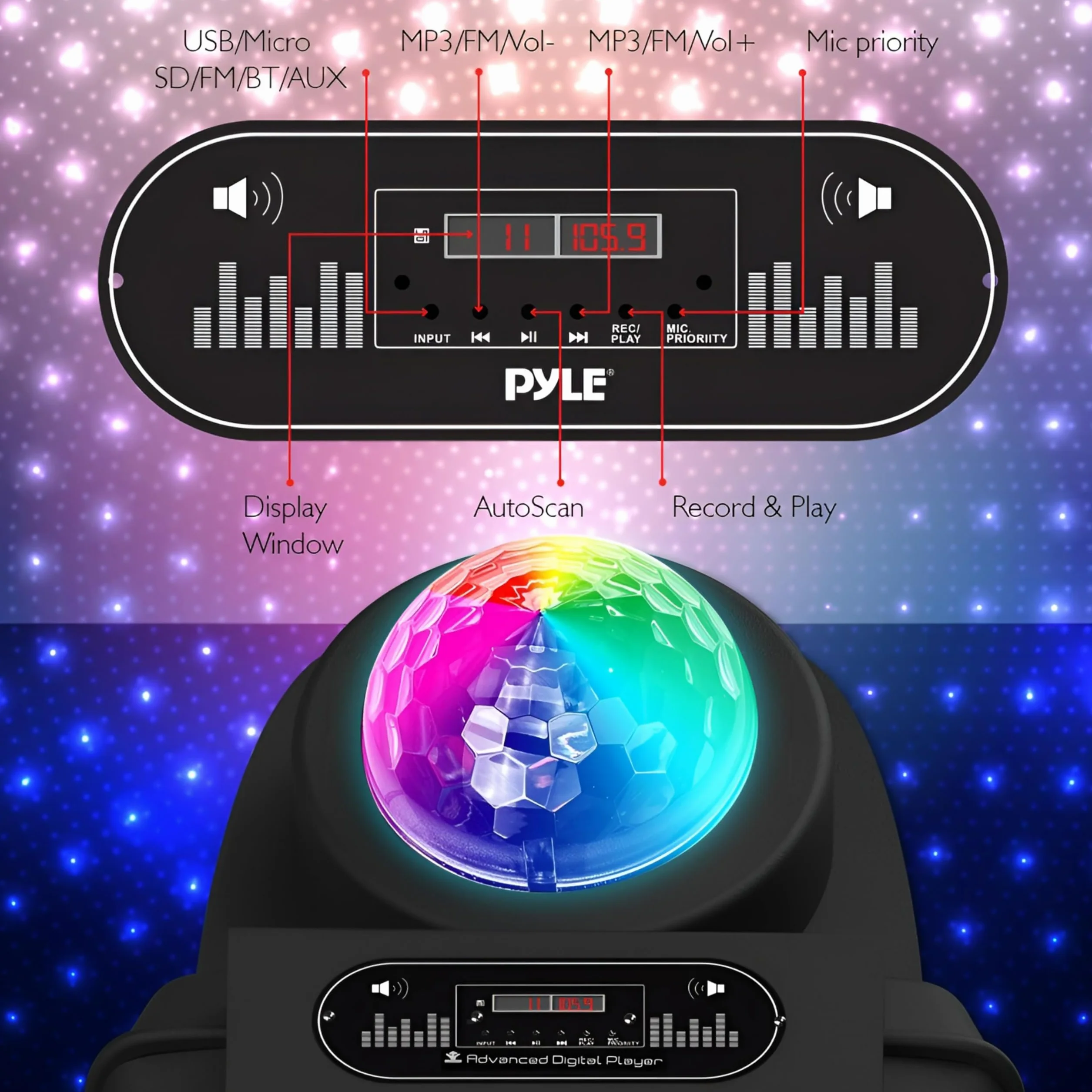Pyle Głośnik Bluetooth 700 W aktywny przenośny z akumulatorem do karaoke zestaw mikrofonów MP3 USB micro SD radio FM AUX światła DJ