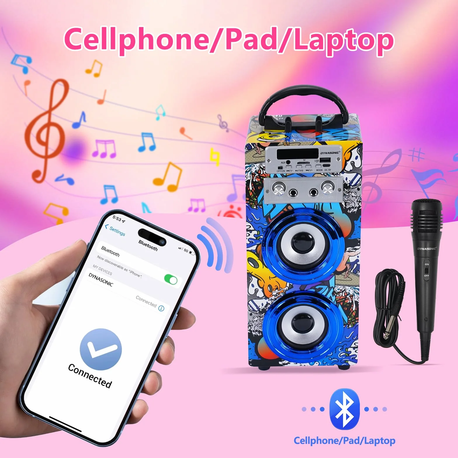 DYNASONIC Przenośna maszyna do karaoke, 2 mikrofony, głośnik Bluetooth, światła, czytnik USB i SD, prezent dla dzieci w wieku 5-13 lat (025-16 LIGHTS)