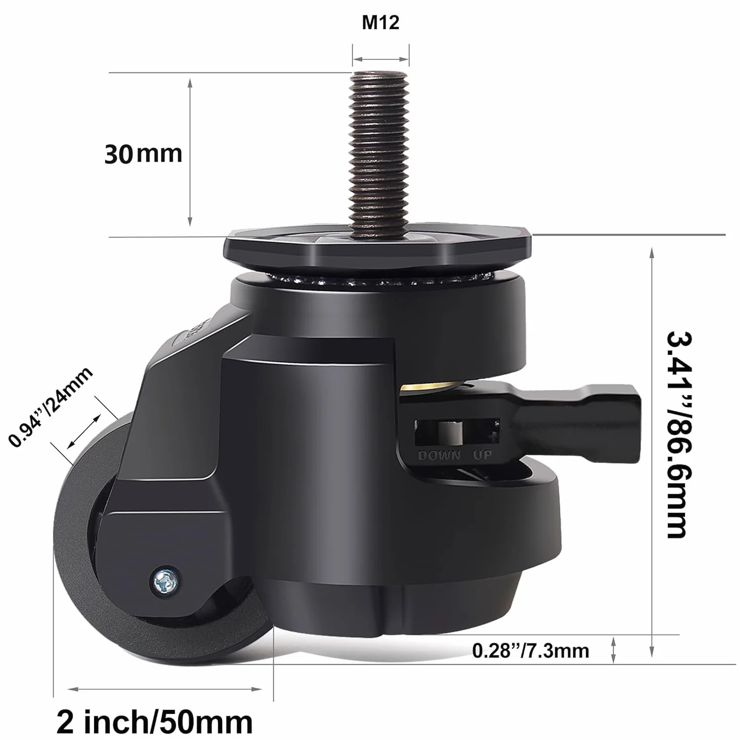 Rolki do dużych obciążeń M12 x 30 mm z regulowanym uchwytem zapadkowym, 4 kółka skrętne do 1000 kg, 50 mm, wysuwane kółka warsztatowe, kółka transportowe, kółka meblowe obracane o 360°, rolki