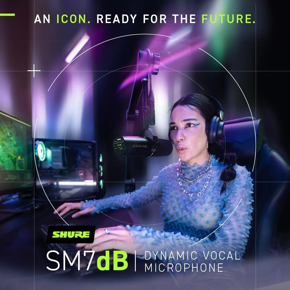 Shure SM7dB Dynamiczny mikrofon wokalowy do transmisji, podcastów i nagrywania, szeroki zakres częstotliwości, ciepły i gładki dźwięk, solidna konstrukcja, zdejmowana osłona przeciwwietrzna - czarny