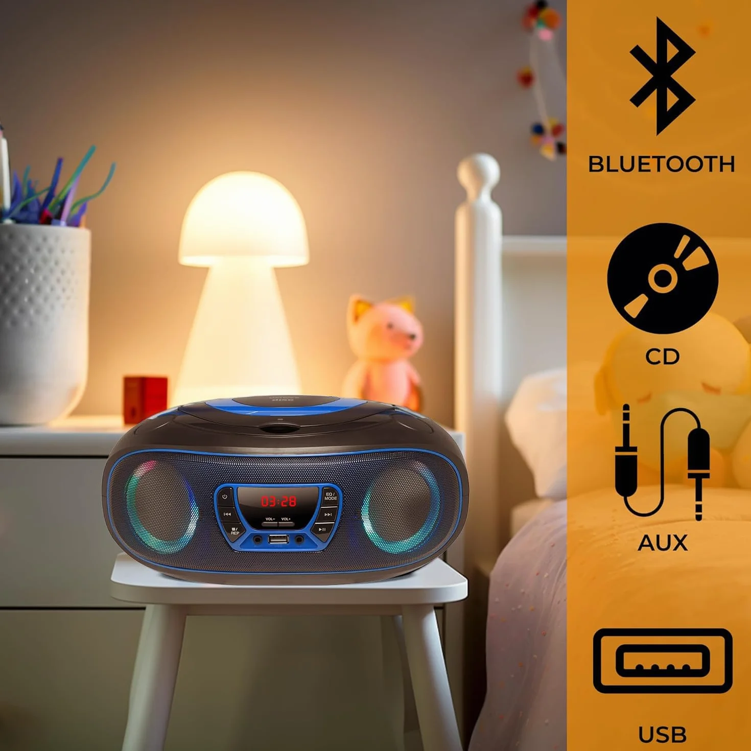 Denver TCL212BT radio z Bluetooth, radio Bluetooth z efektami świetlnymi, przenośny odtwarzacz CD, AUX, USB, niebieskie