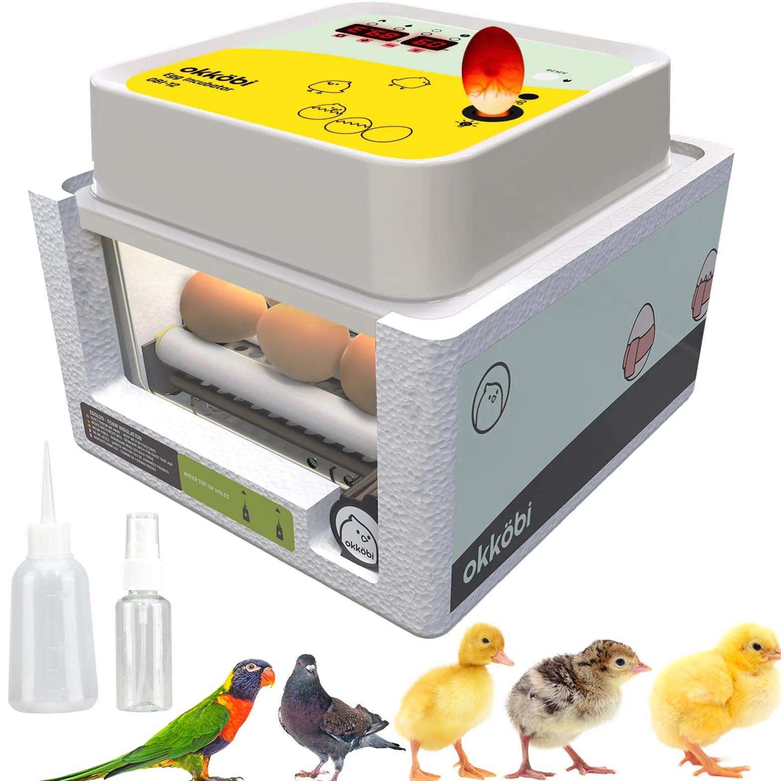 Inkubator Okköbi Obi-12 dla kur, kaczek i innych ptaków - Nowość - Automatyczna obracarka do jaj - Kontrola temperatury - Wskaźnik wilgotności - Świecznik do jaj - 5 lat gwarancji