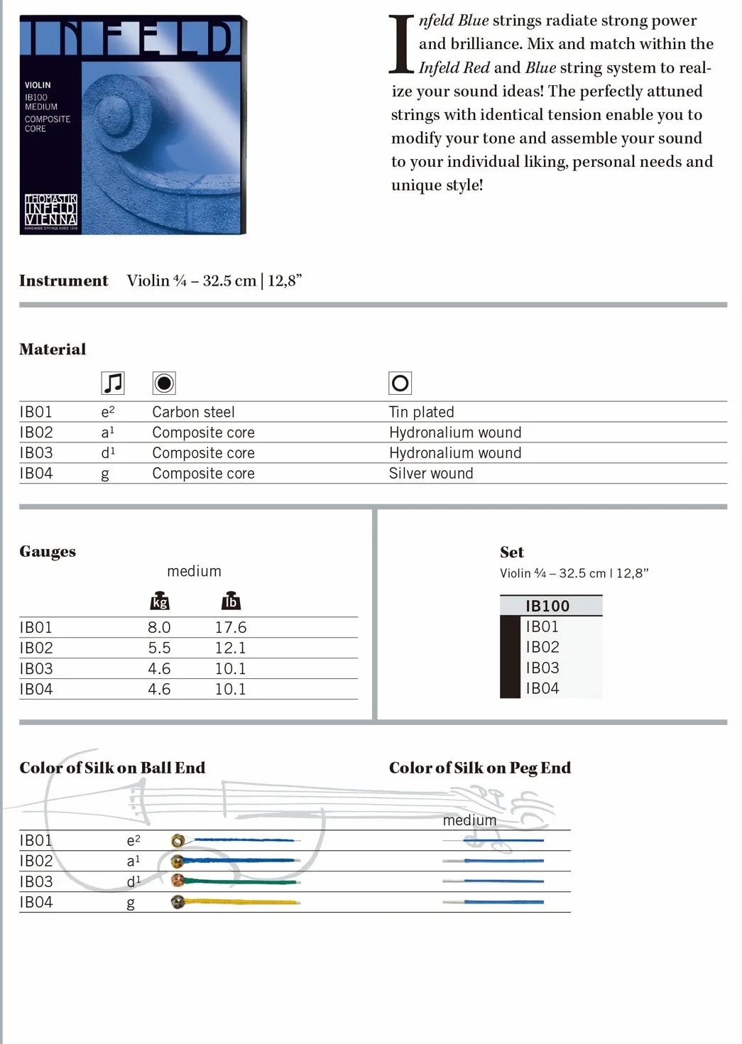 Thomastik Infeld Violine Saiten Hybridkern 4/4 Medium Satz blau