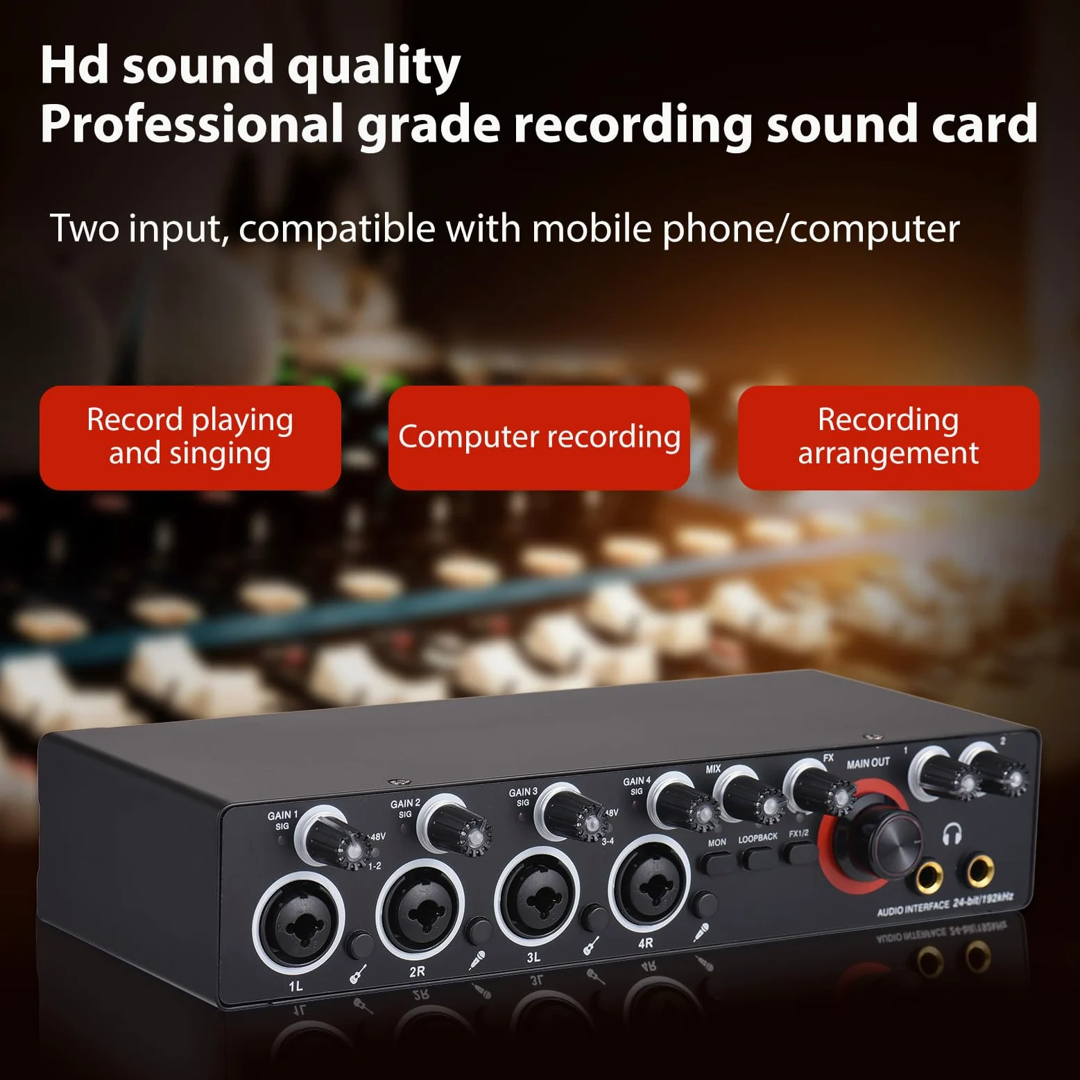 HUIOP 4-kanałowa karta dźwiękowa do nagrywania z interfejsem audio bez sterownika, 4-wejściowa karta dźwiękowa USB i 4 wyjścia 24 bity/192 kHz zasilanie fantomowe 48 V dla