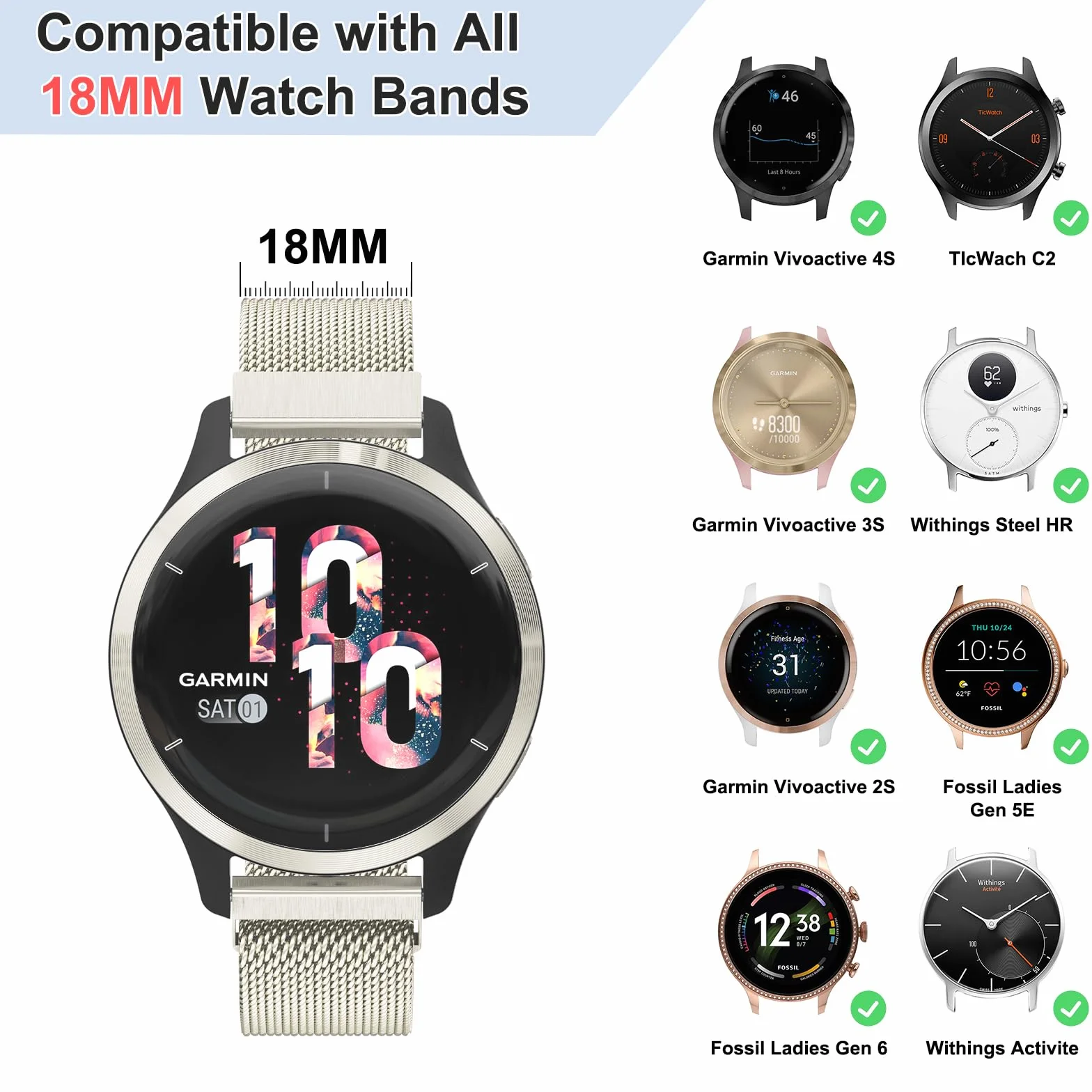 Amzpas Bransoletka do zegarka Garmin Vivoactive 4S/Venu 3S/Venu 2S / Vivomove 3S, dla kobiet i mężczyzn, 18 mm, stal nierdzewna, metalowa bransoletka zamienna do Garmin Forerunner 255S/265S