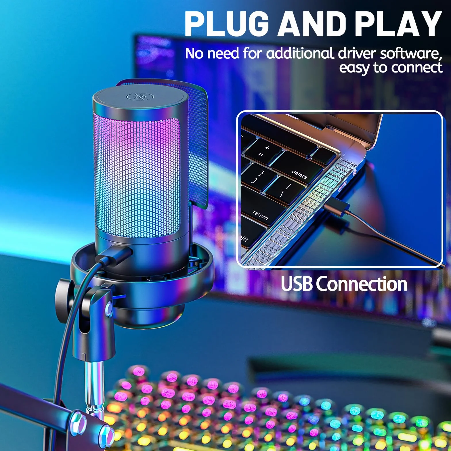 Anykuu RGB Mikrofon pojemnościowy 24 bit / 192 kHz, mikrofon de gier z 7 zmiennymi światłami, jeden przycisk wyciszający USB, mikrofon z kondensatorem i ramieniem do gier, studio, YouTube, podcastów