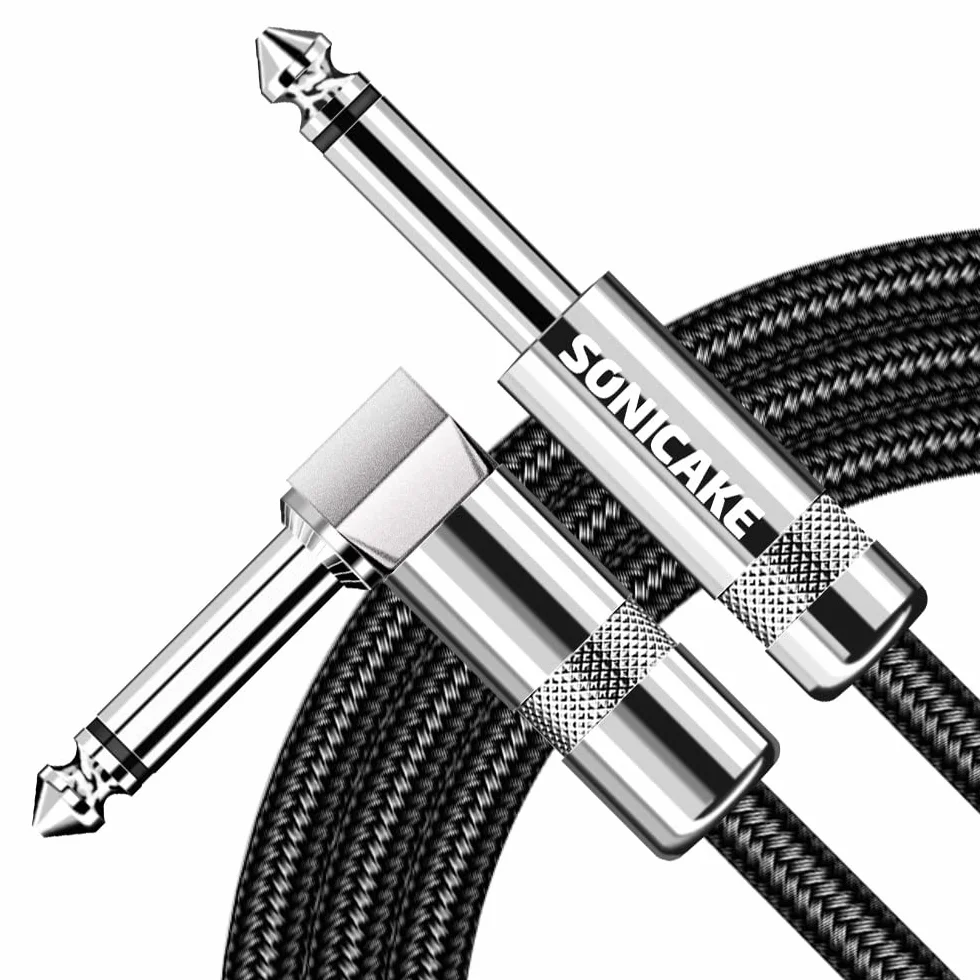 SONICAKE 3 m kabel do instrumentów gitarowych, 6,3 mm, ochrona przed hałasem, z wtyczką kątową i standardowym jack, czarny