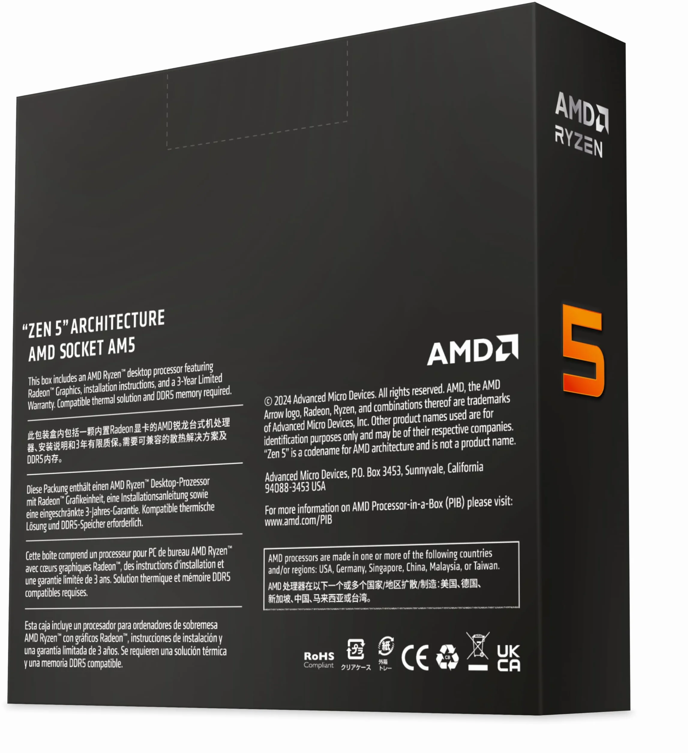 Procesor AMD Ryzen 5 9600X (radeon graphics included, 6 rdzeni/12 wątków, 65W DTP, gniazdo AM5, 38MB pamięci podręcznej, do 5.4 GHz w trybie Max w trybie Max Boost, bez systemu chłodzenia)
