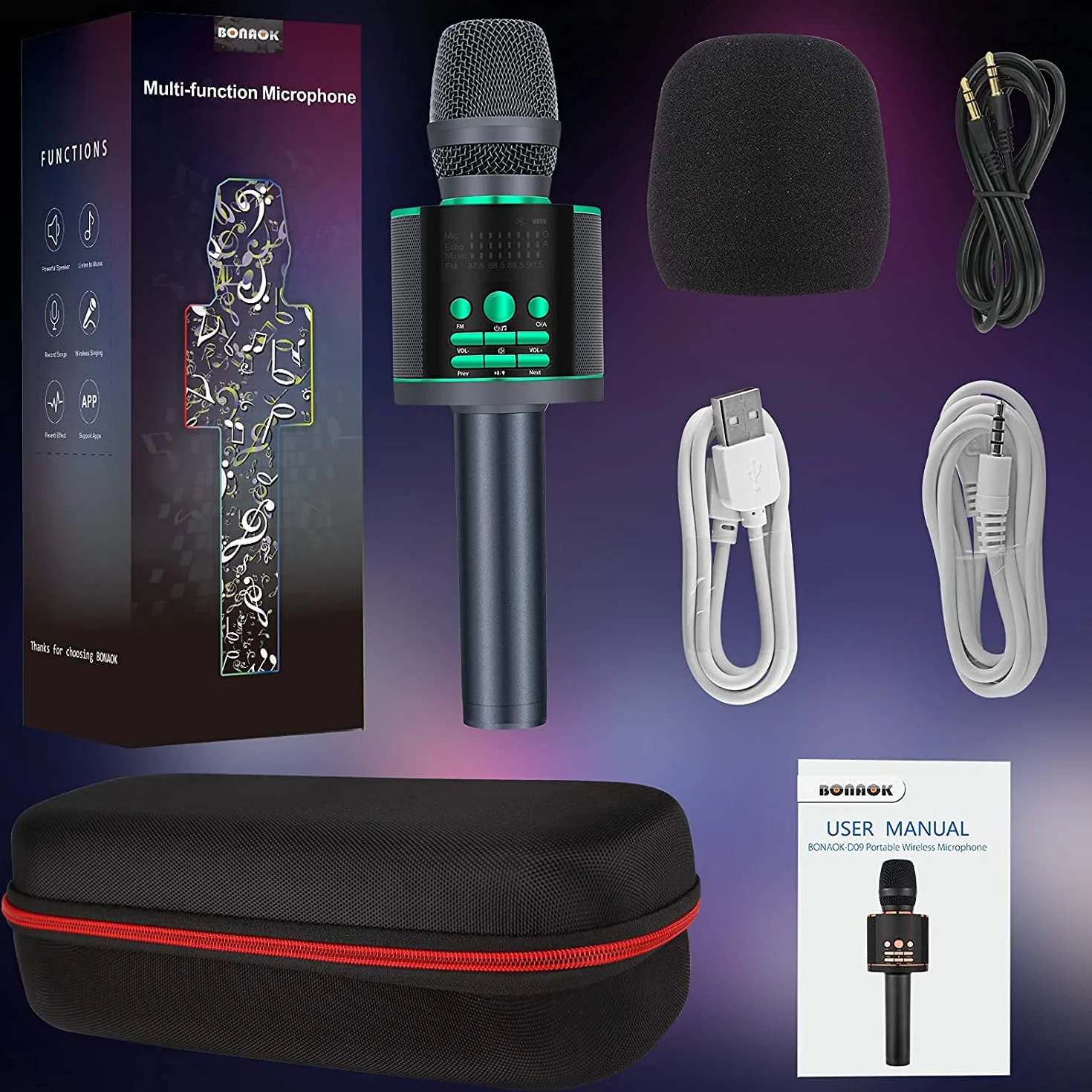BONAOK Magic mikrofon karaoke, ulepszone bezprzewodowe nagrywanie mikrofonu Bluetooth, mikrofon dziecięcy ze zmieniaczem głosu, mikrofon FM-Bluetooth, kompatybilny z urządzeniami Bluetooth, zielony