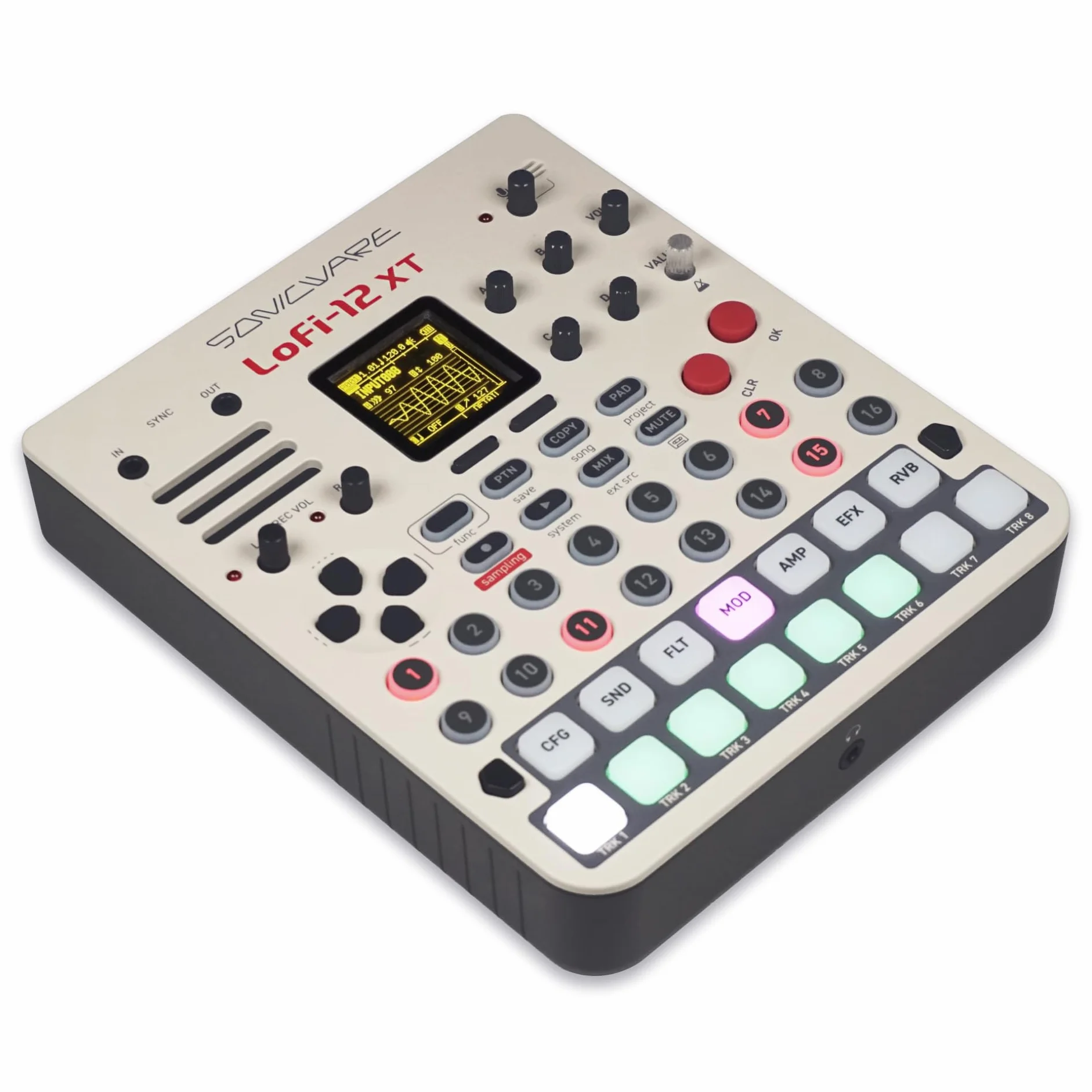 Sonicware Lofi-12 XT [ograniczony kolor retro] Próbkowanie retro z 12-bitowym trybem próbnika, 8-ścieżkowy sekwencer, 26 efektów, 15 szybkości padów z diodami RGB