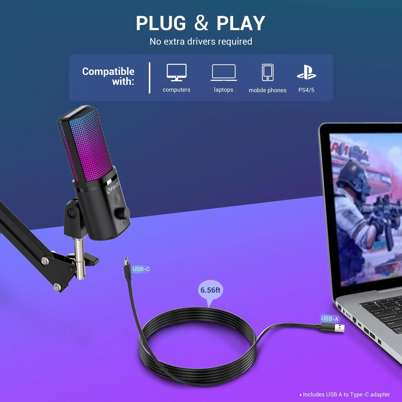 FDUCE M160 Zestaw mikrofonów do gier USB do komputera, pojemnościowy mikrofon podcastowy RGB z gniazdem monitora, szybkie wyciszanie, kontrola wzmocnienia, filtr pop, stojak wysięgnika do nagrywania