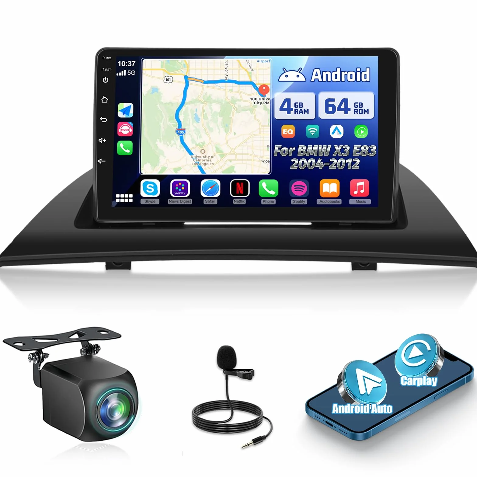 NHOPEEW Radio samochodowe 4 + 64 G do BMW X3 E83 2004-2012 - 9 cali radio samochodowe z systemem Android z bezprzewodowym Carplay i Android Auto - Mirror Link 32EQ DSP Split-Screen + kamera cofania i