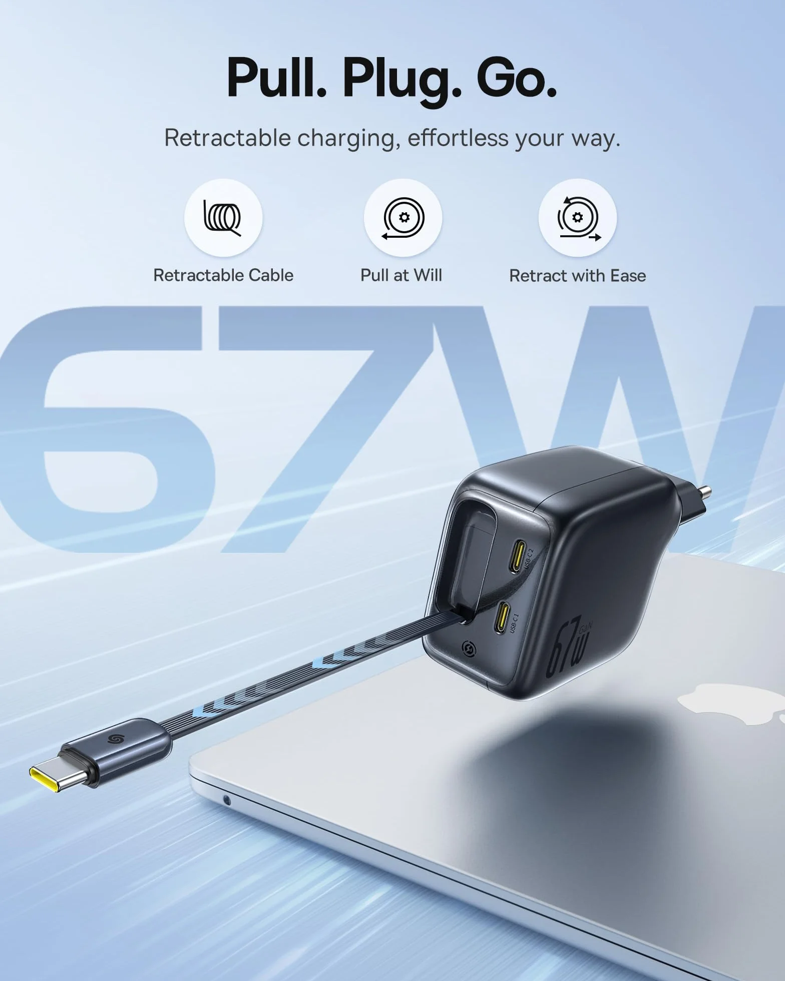 Baseus Enercore Ładowarka USB-C 67W z Wysuwanym Kablem, Zasilacz GaN z 2 Portami USB-C, Kompaktowa Szybka Ładowarka Zgodna z MacBook Pro, Dell, HP, iPad, iPhone 16 Pro, Galaxy S25