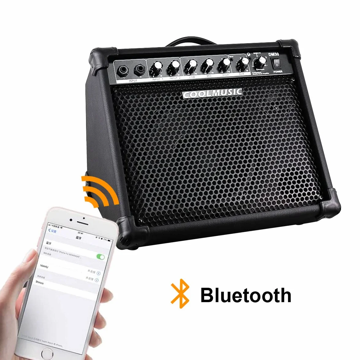 Coolmusic DM30 AMP elektroniczny wzmacniacz perkusyjny 30 W, wzmacniacz klawiatury z wejściem AUX i Bluetooth, 2 wejścia, 3-pasmowy EQ i DI OUT