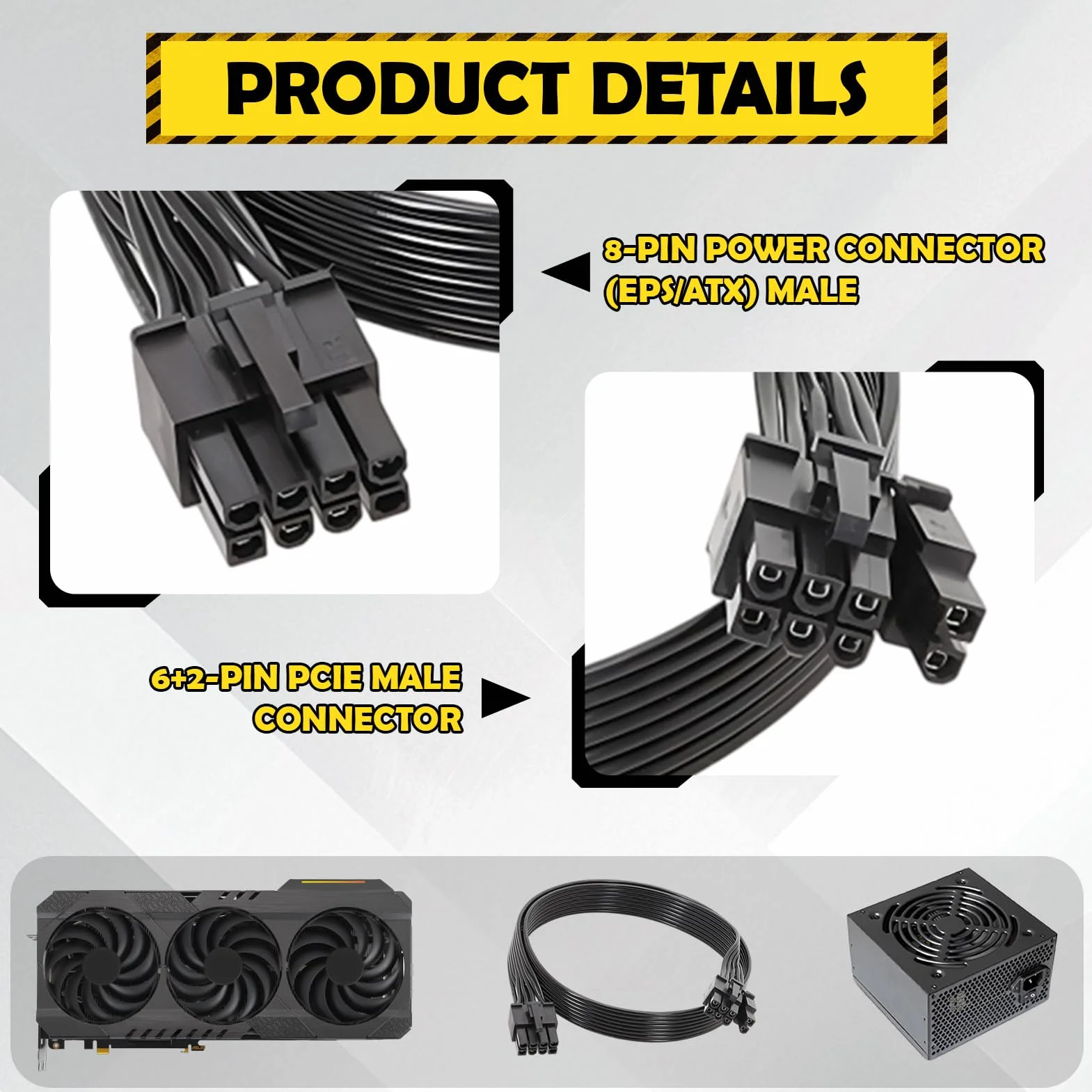Be Quiet 8-biegunowy kabel zasilający GPU, 8-stykowy wtyk ATX na 6+2-PCIe, kabel PCIE do kart graficznych, 60 cm, 18AWG, kompatybilny z zasilaczami Seasonic