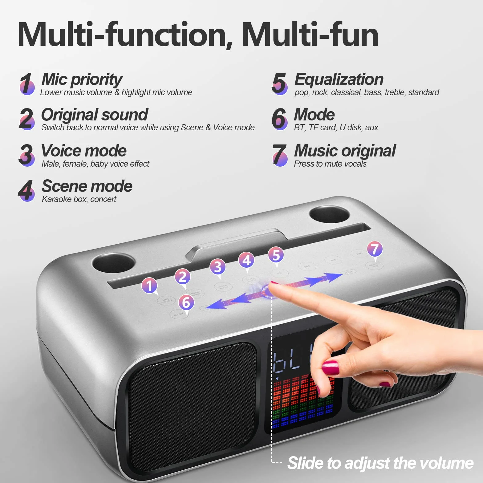 Zestaw do karaoke Party Speaker z 2 bezprzewodowymi mikrofonami, głośnik do karaoke Bluetooth z ekranem dotykowym, diodami LED i podstawkami na telefon, głośnik do karaoke dla dzieci z /USB
