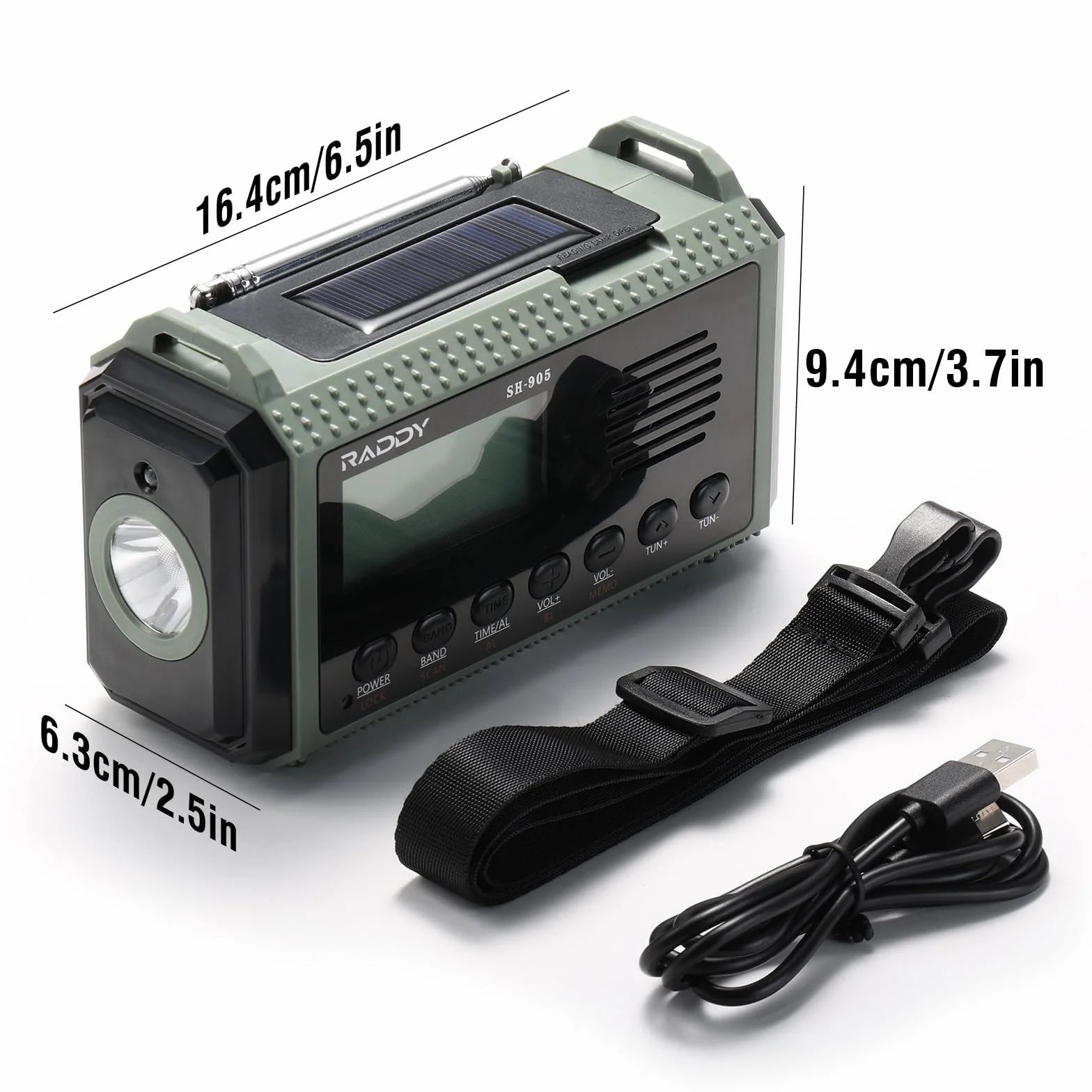 Raddy SH-905 Radio korbowe, pojemność 10000 mAh, SW/AM/FM, solarne radio awaryjne, przenośne, krótkofalowe, z latarką, lampką do czytania, SOS w przypadku awarii zasilania, do survivalu, na kemping