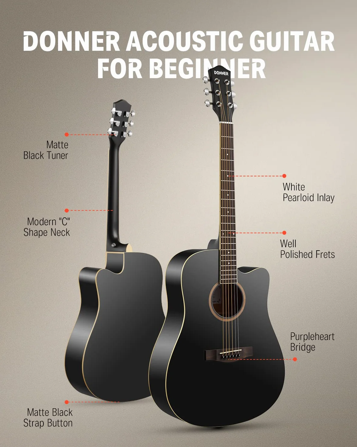 Donner Gitara akustyczna, 4/4 Cutaway, 41 cali, zestaw pełnowymiarowy, z paskiem Gigbag Capo, strunami (czarny)