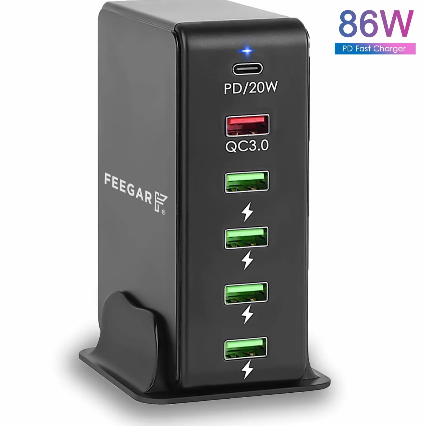 Stacja ładująca Feegar Tower 86W USB 6-portowa ładowarka sieciowa na biurko, przenośna wieloportowa ładowarka USB z 6 USB-A i USB-C PD Quick Charge QC 3.0