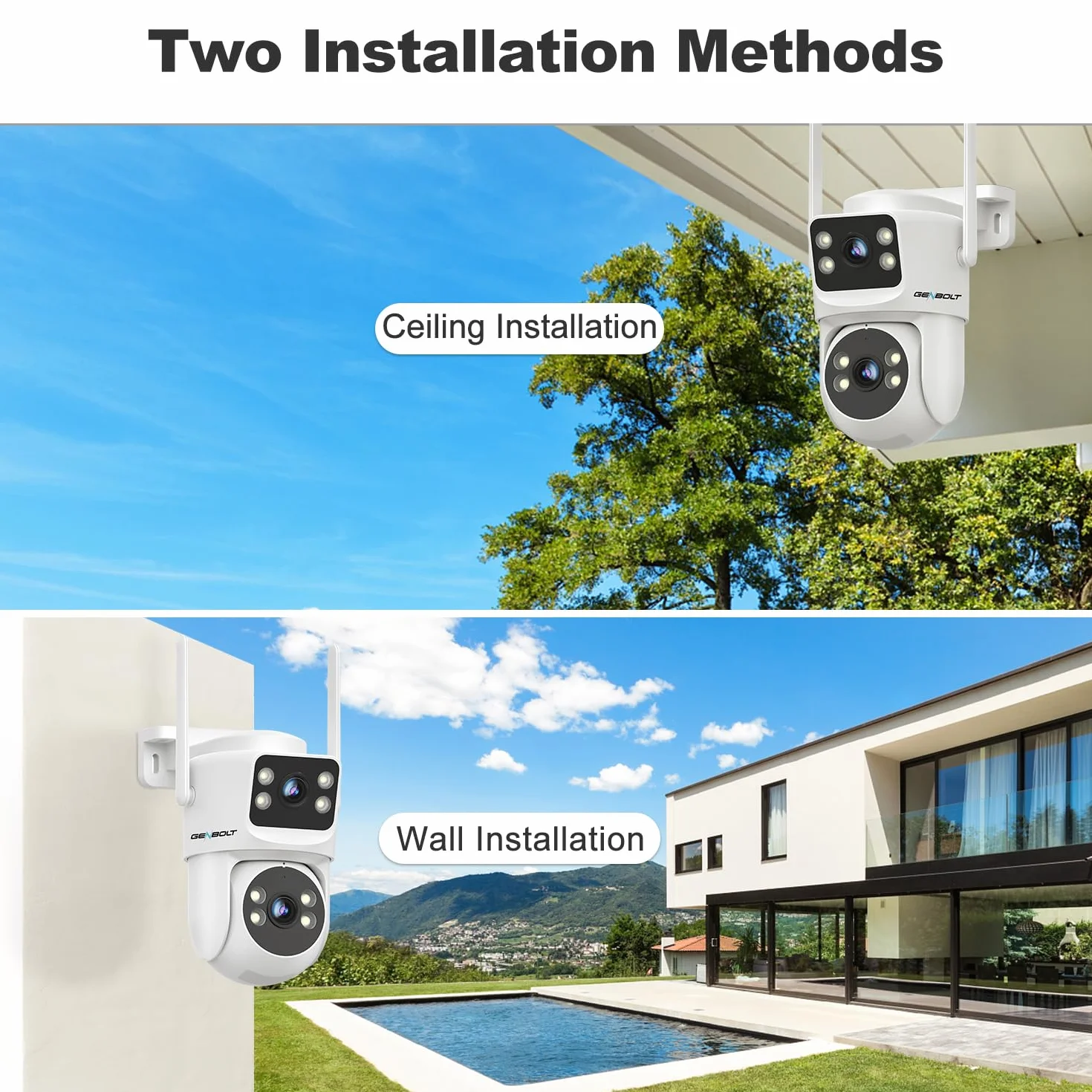 GENBOLT PTZ Kamera Zewnętrzna WiFi 2.4&5GHz, CCTV Monitoringu PoE Kamera IP Zewnętrzna z Kolorowe widzenie nocne, Wykrywanie Humanoidów, Automatyczne śledzenie [Podwójny Ekran]